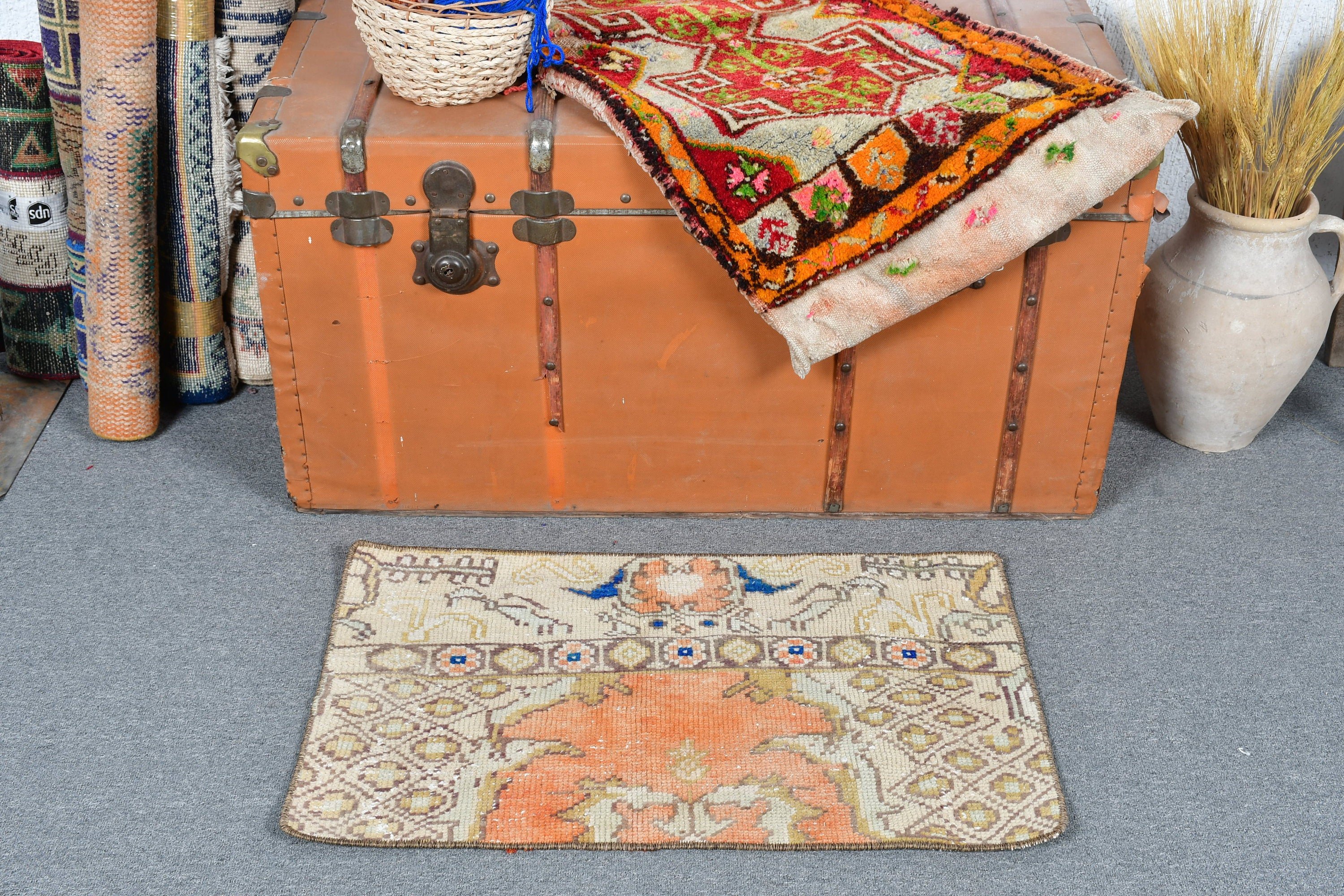 Orange Antique Rugs, Wool Rug, 1.5x2.5 ft Small Rug, Vintage Rug, Antique Rugs, Rugs for Nursery, Turkish Rug, Bedroom Rugs, Kitchen Rug