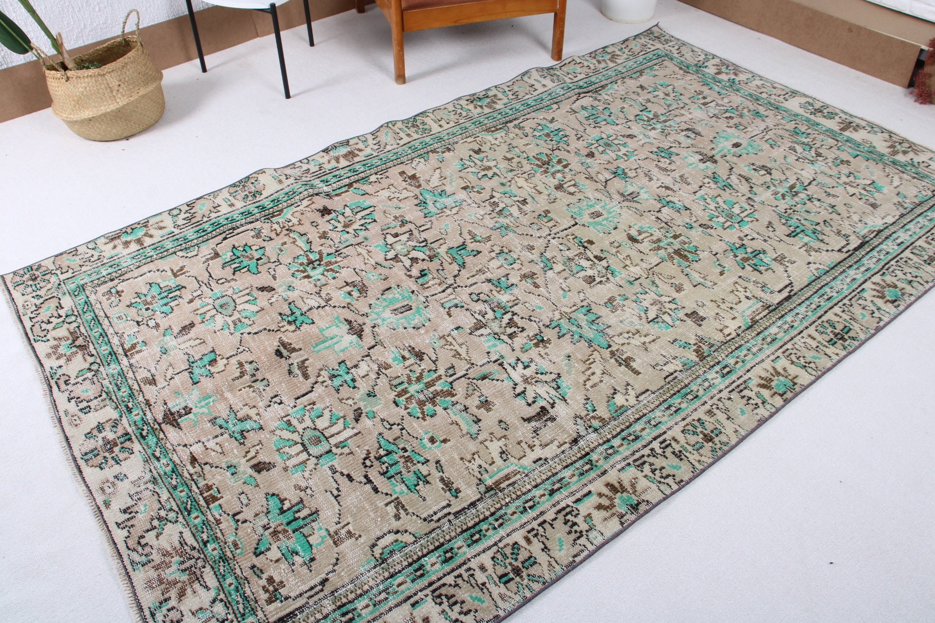 Vintage Halılar, Türk Halıları, Oturma Odası Halısı, 5.2x8.8 ft Büyük Halı, Büyük Boho Halıları, Yatak Odası Halıları, Lüks Halı, Yeşil Fas Halısı