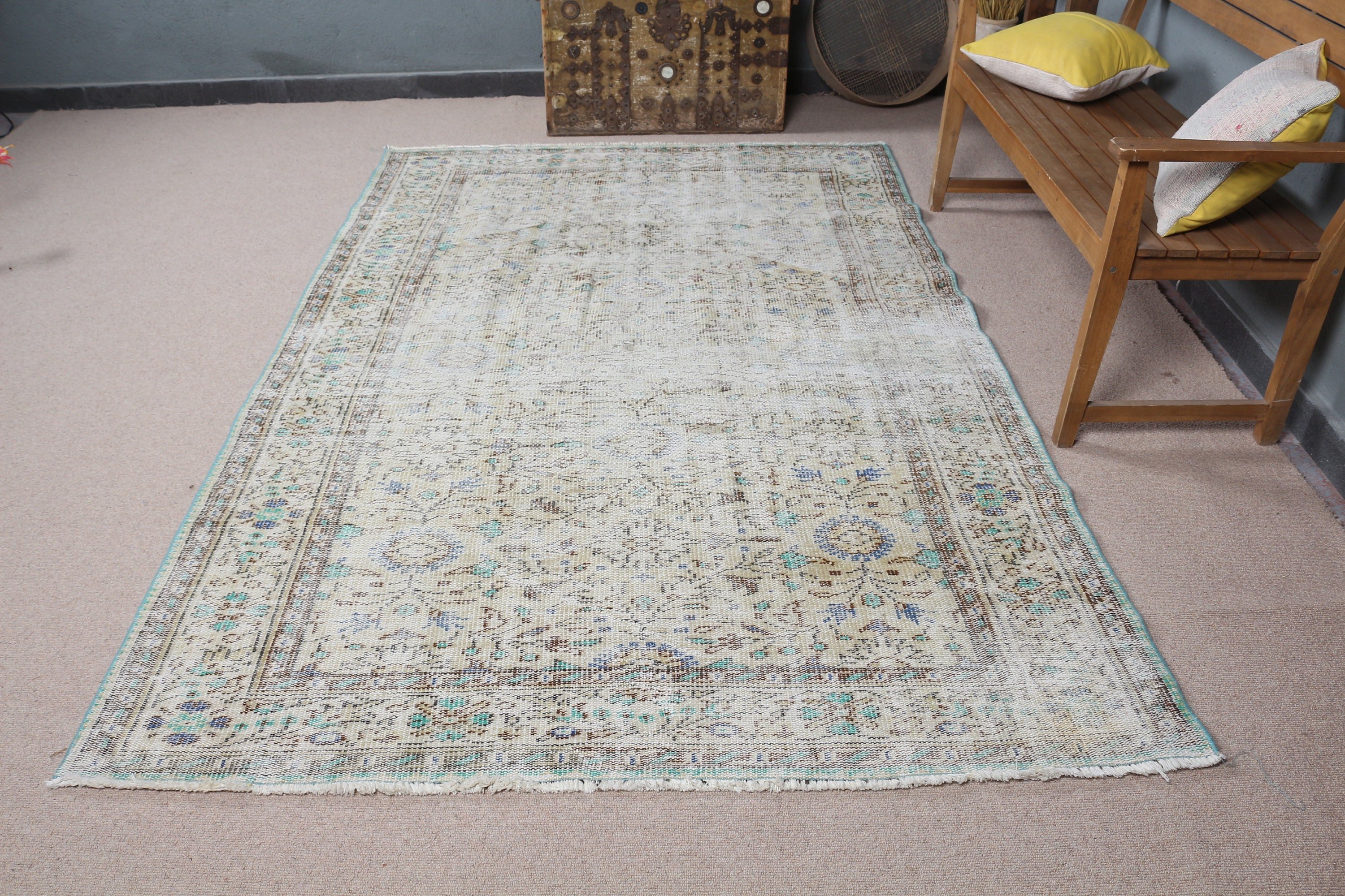 Türk Halısı, 5.4x8.4 ft Büyük Halı, Vintage Halı, Yemek Odası Halısı, Bej Fas Halıları, Mutfak Halısı, Fas Halısı, Yatak Odası Halıları, Pastel Halı