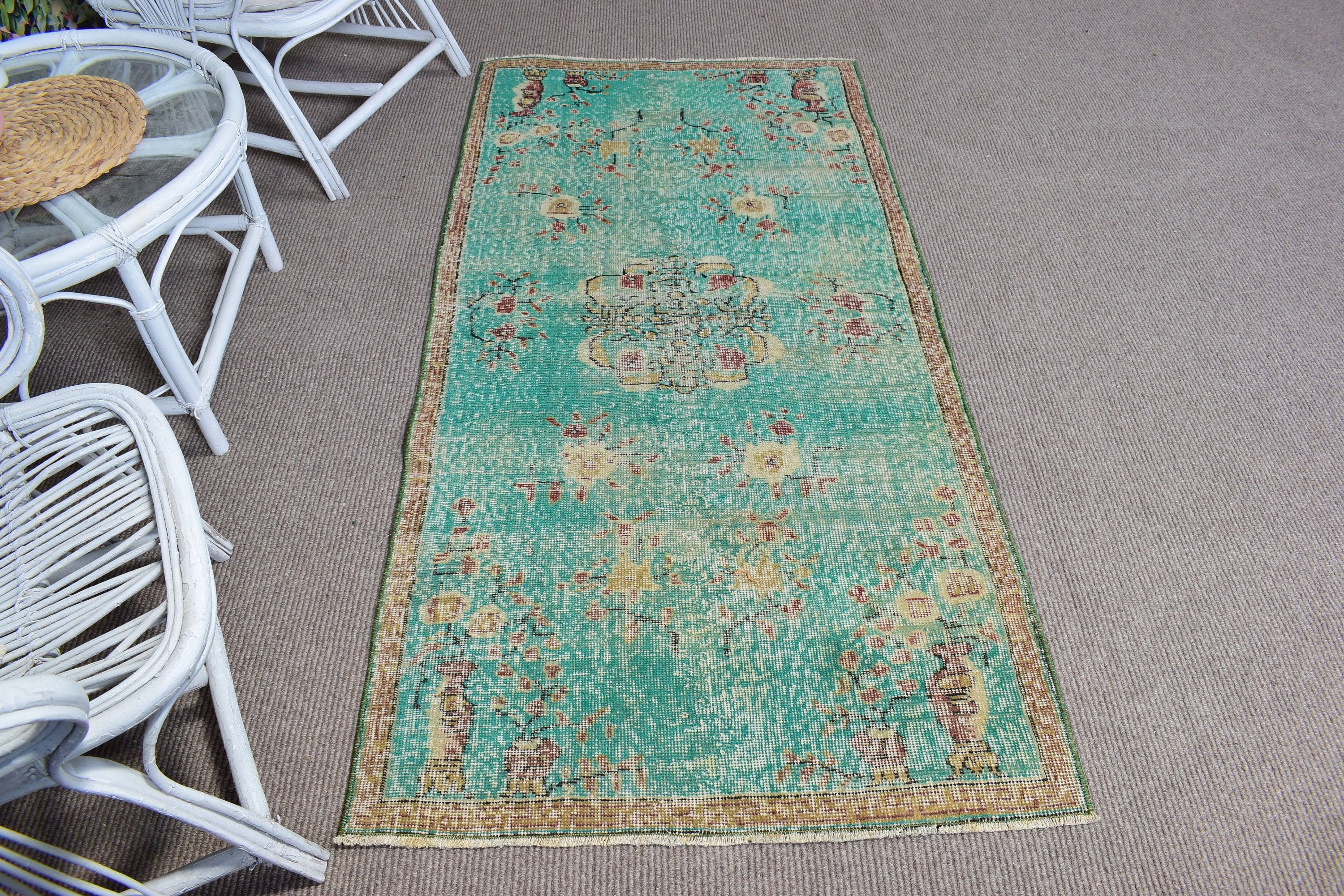 Boho Halı, 3.1x6.2 ft Accent Halı, Boho Accent için Halılar, Yeşil Oushak Halı, Vintage Halı, Giriş Halısı, Dekoratif Halılar, Türk Halısı, Mutfak Halısı