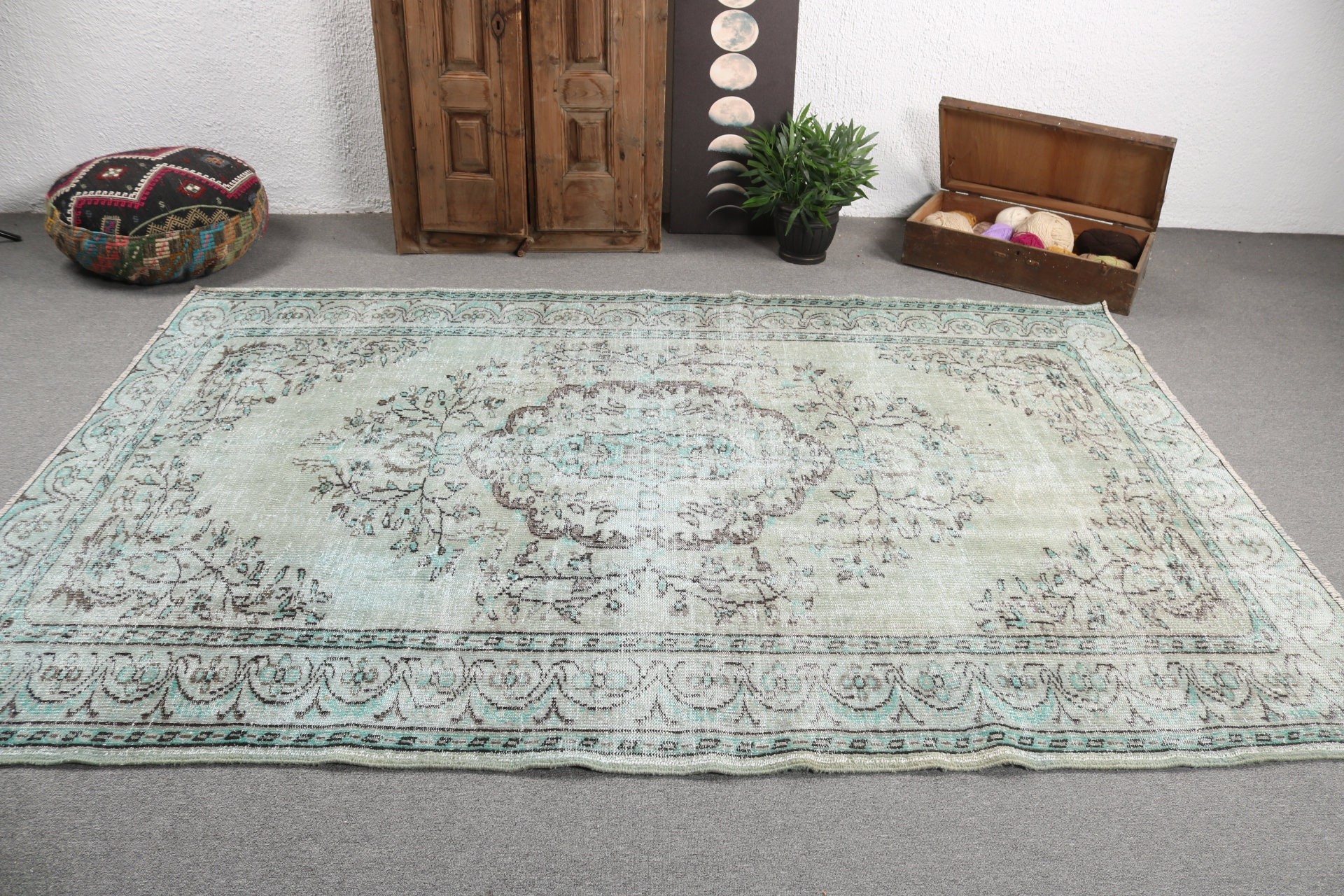 Yemek Odası Halısı, Türk Halısı, Yeşil Oushak Halıları, Vintage Halı, Yer Halısı, 6.1x9.1 ft Büyük Halı, Yatak Odası Halıları, Oturma Odası Halıları, Lüks Halılar