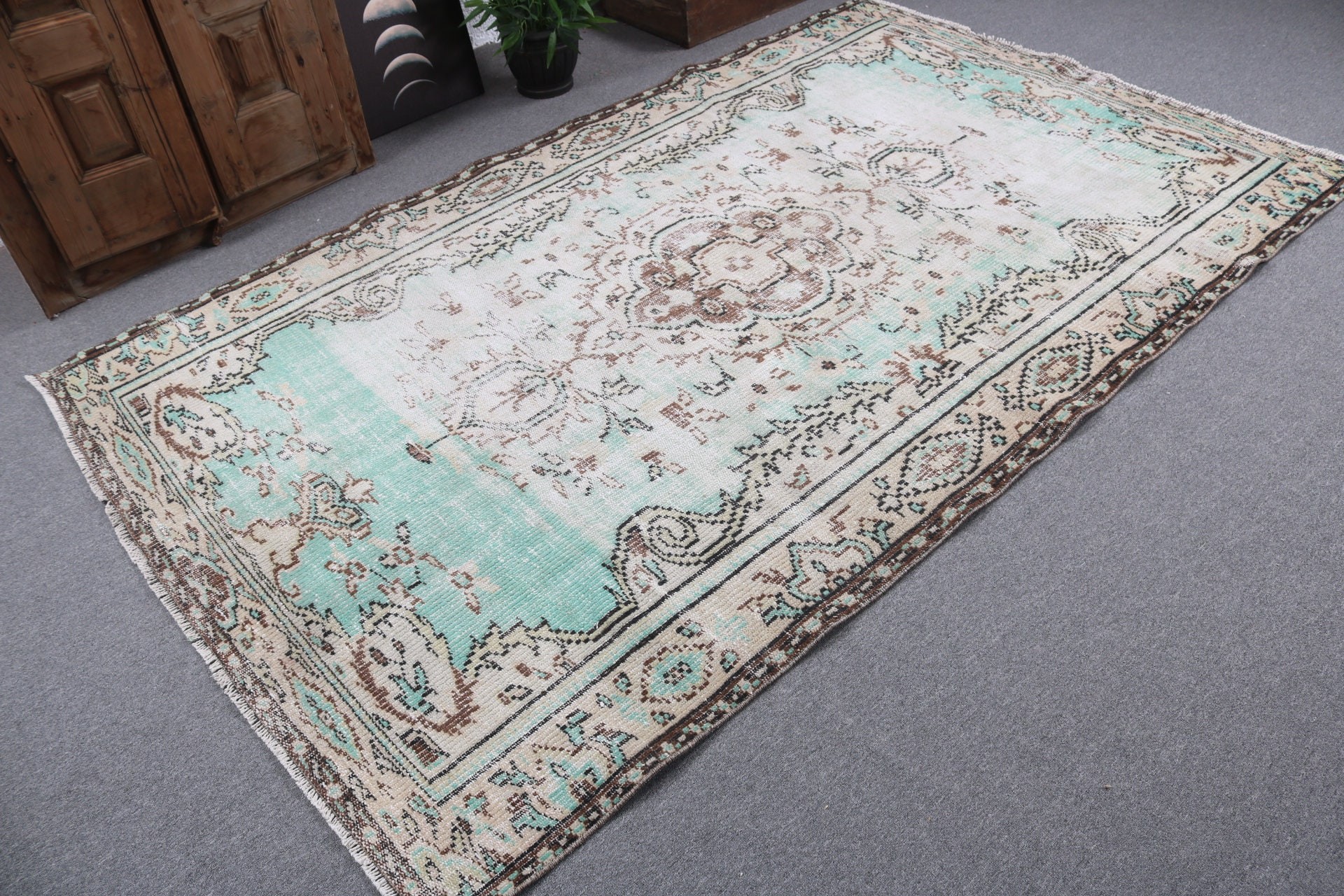 Büyük Boho Halıları, Türk Halıları, 5.2x8.5 ft Büyük Halılar, Yeşil Antika Halı, Antika Halı, Yatak Odası Halıları, Düz Dokuma Halı, Vintage Halılar, Etnik Halı