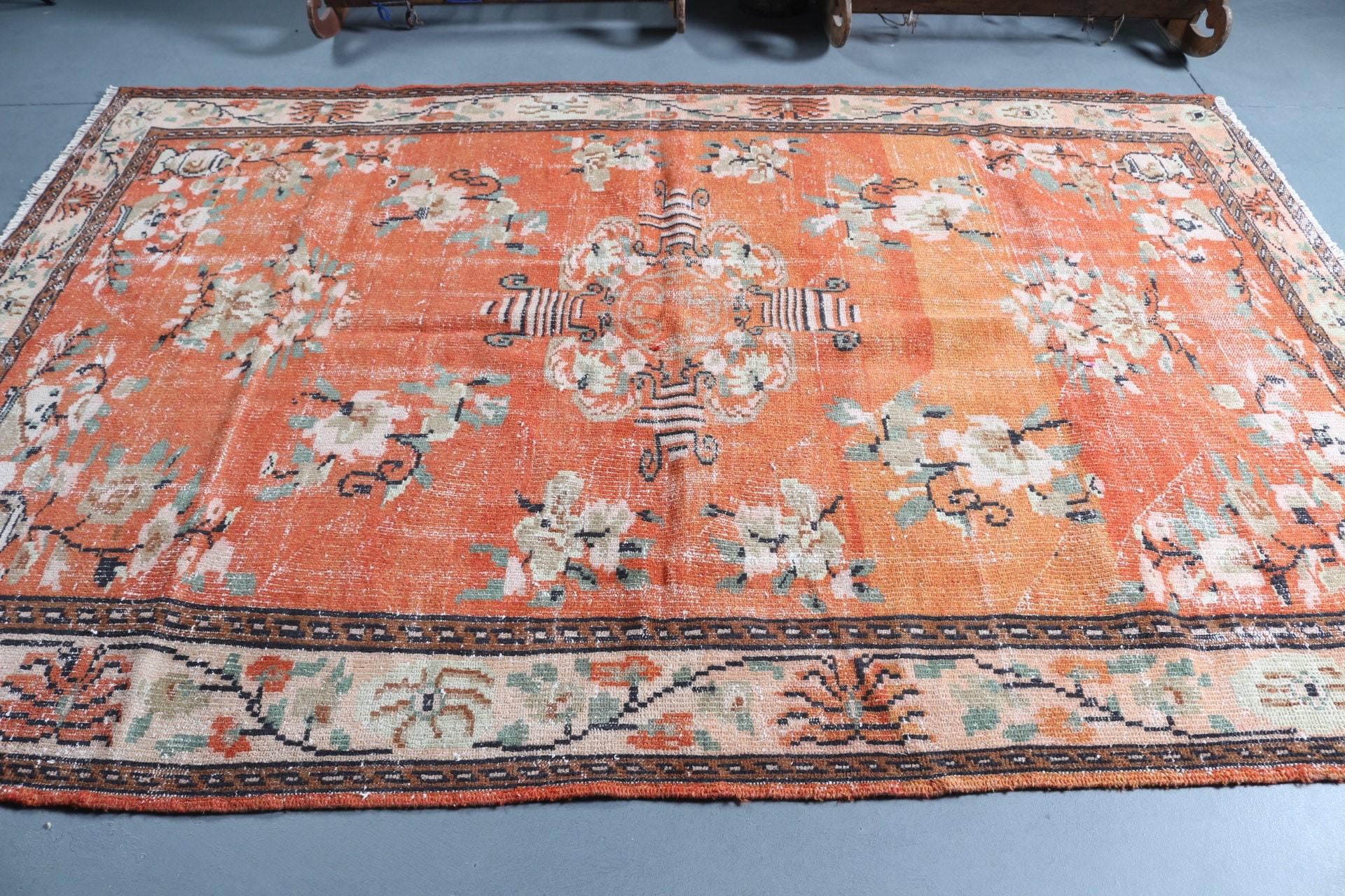 Turuncu Mutfak Halısı, Vintage Halılar, Yemek Odası Halısı, Yer Halıları, El Yapımı Halı, 6.1x9 ft Büyük Halı, Yün Halılar, Türk Halısı, Salon Halıları