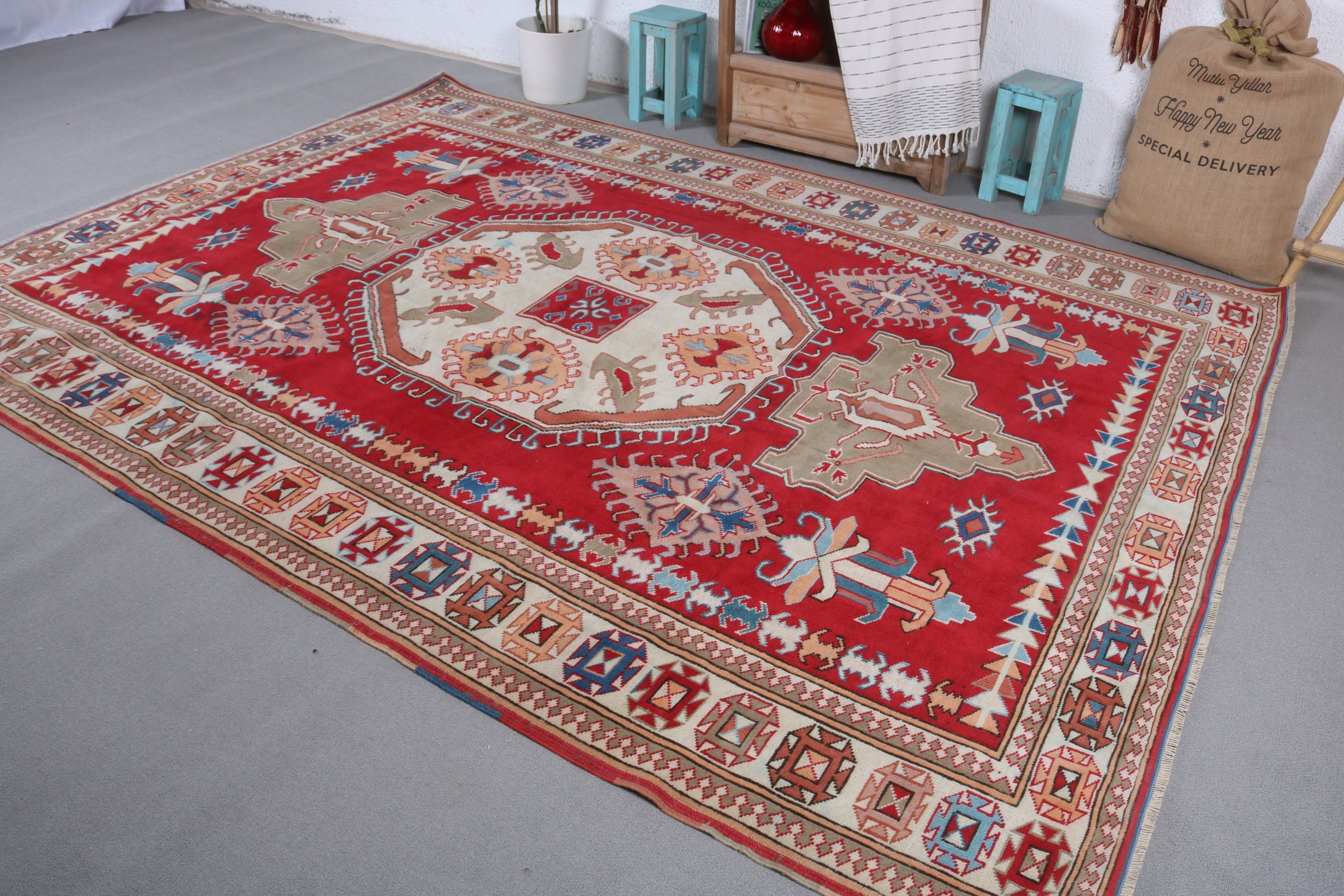 Oriental Rug, Red  7.4x10 ft Oversize Rug, Turkish Rugs, Vintage Decor Rug, Salon Rug, Dining Room Rug, Vintage Rug, Floor Rug