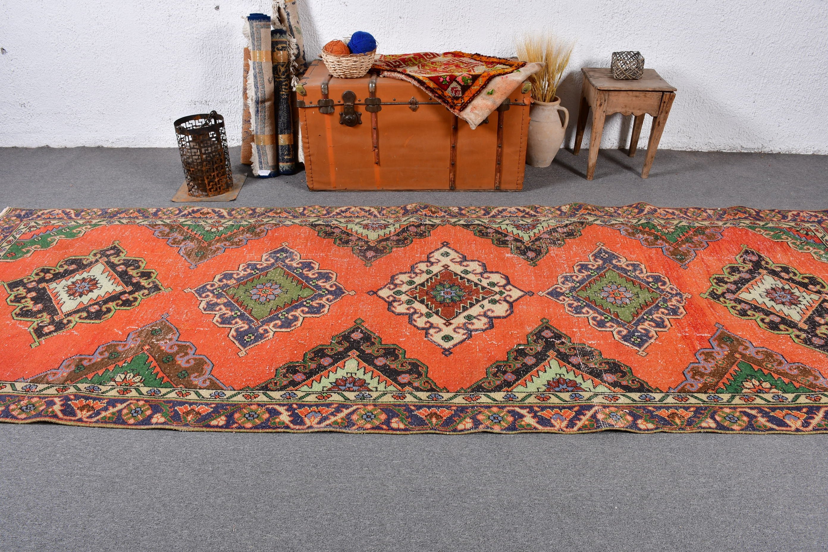 Orange Moroccan Rug, Beni Ourain Runner Rugs, 4.3x12.1 ft Runner Rugs, Floor Rugs, Home Decor Rugs, Vintage Rugs, Corridor Rug, Turkish Rug