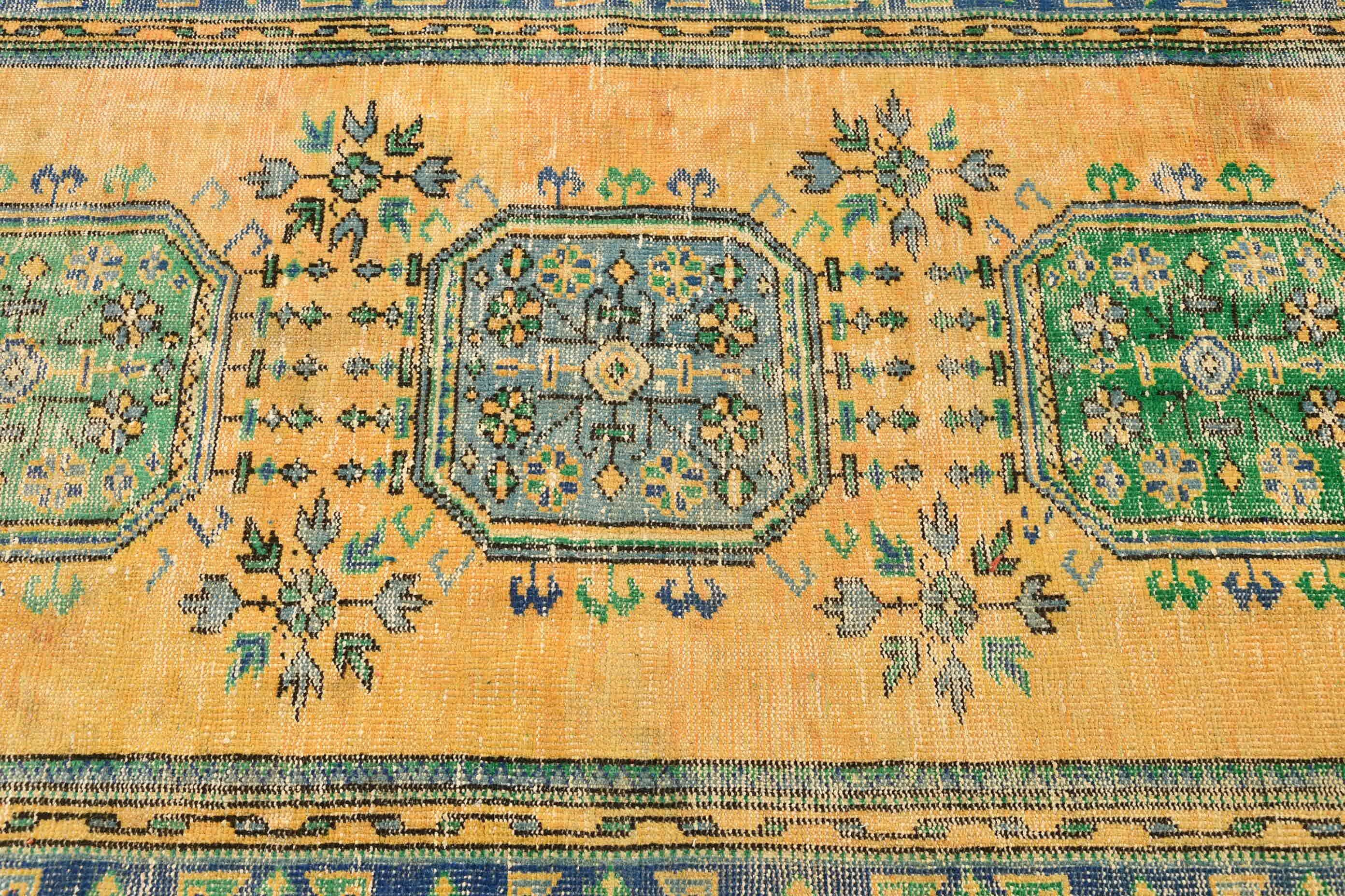 Vintage Rug, Retro Rug, 4.1x11.4 ft Runner Rug, Corridor Rug, Yellow Kitchen Rugs, Antique Rugs, Rugs for Corridor, Floor Rug, Turkish Rugs