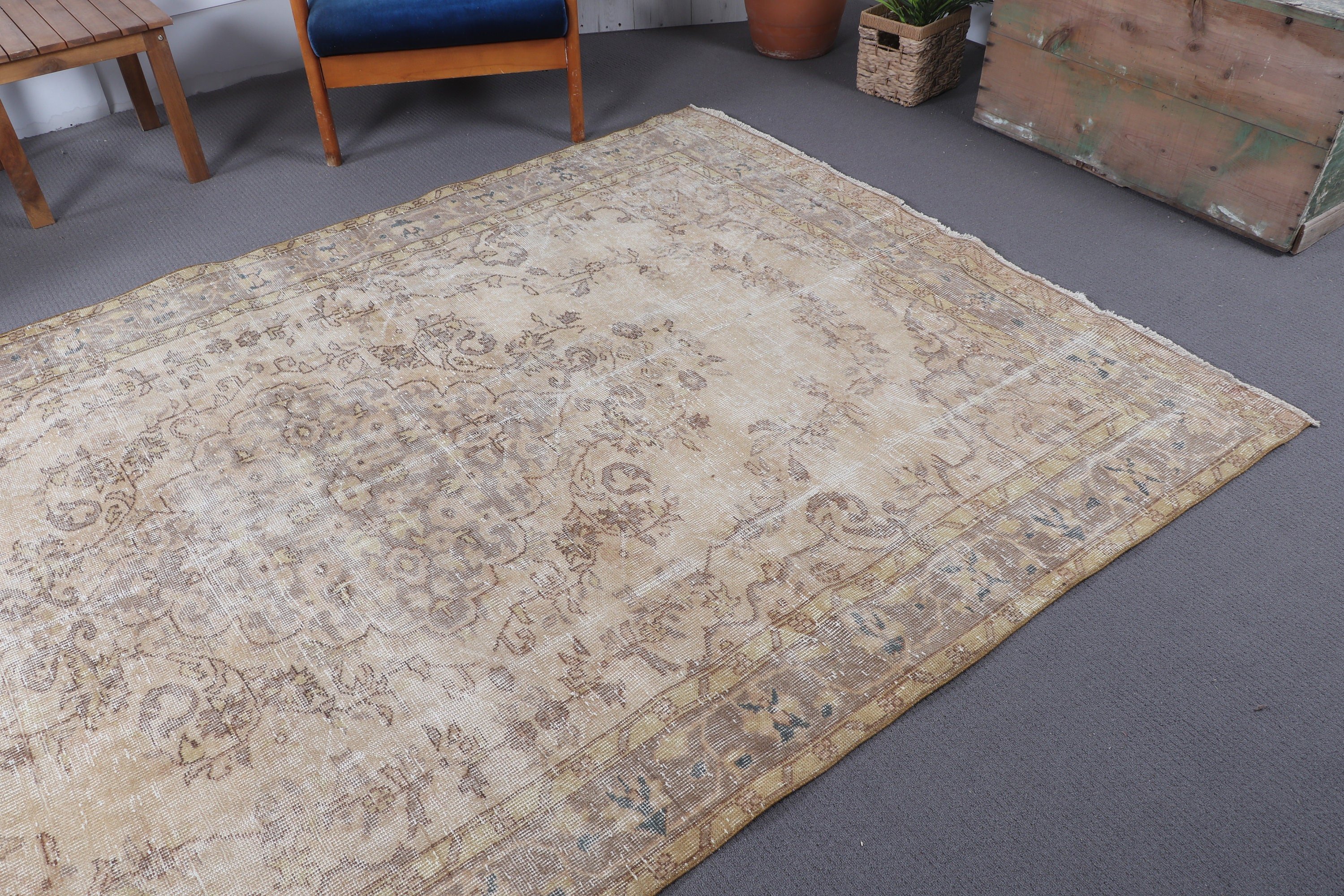 Neutral Rugs, Yellow Kitchen Rug, Large Oushak Rugs, Vintage Rug, Turkish Rugs, Anatolian Rugs, 5.9x9.5 ft Large Rug, Living Room Rug