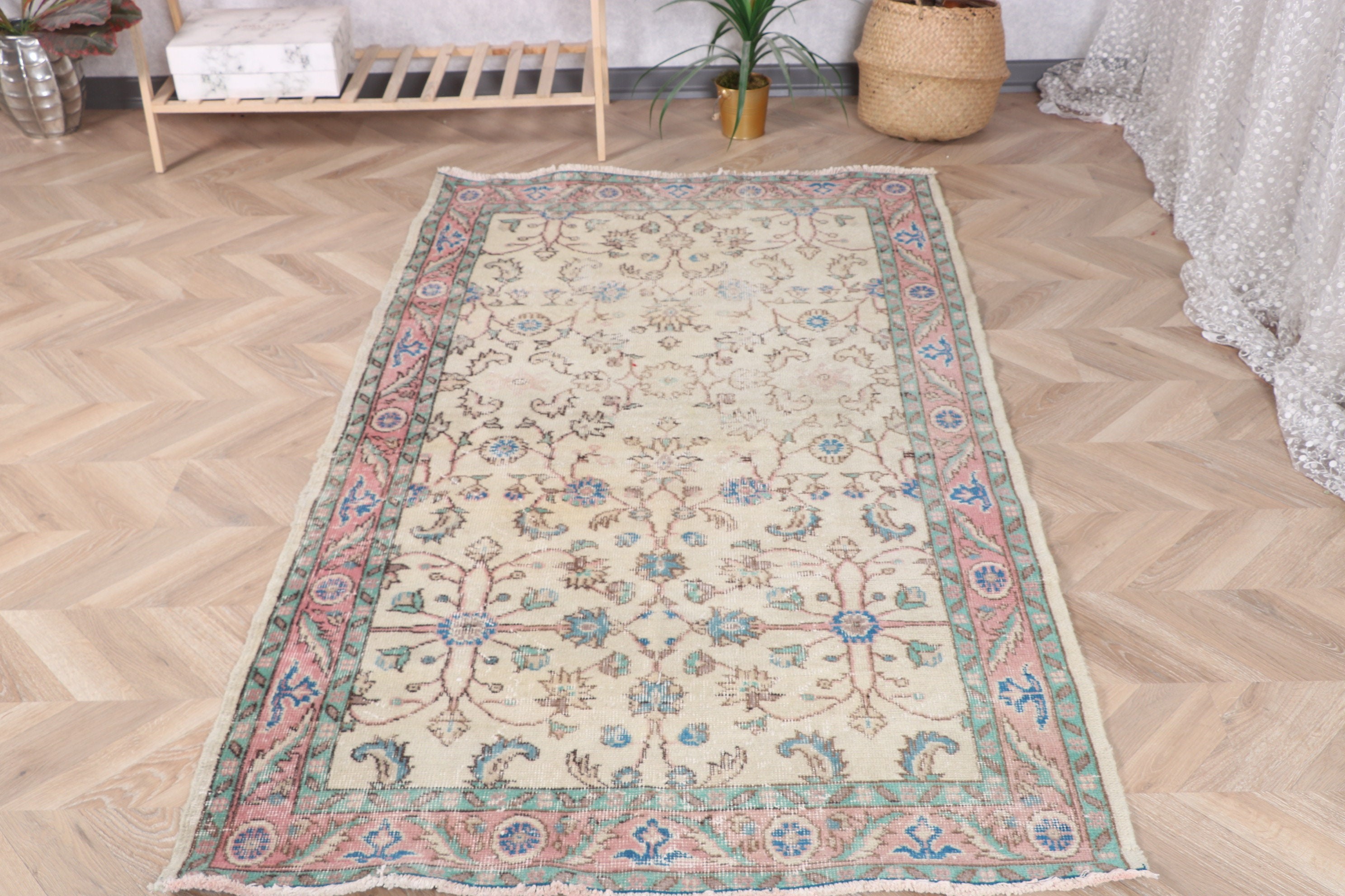 Açıklama Halısı, Dekoratif Halı, Sanatsal Halı, 3.6x6.6 ft Accent Halı, Türk Halıları, Giriş Halısı, Vintage Halı, Yeşil Oushak Halıları