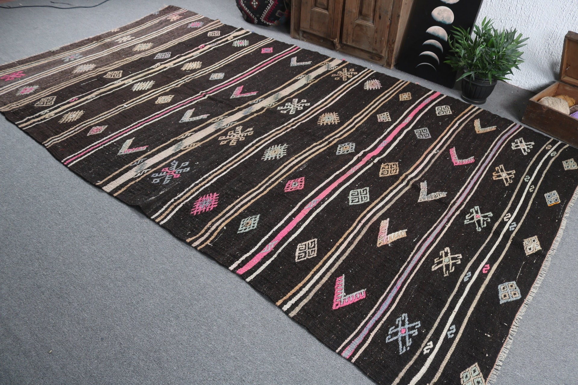 Siyah Fas Halıları, Büyük Boho Halısı, Lüks Halı, Türk Halıları, 5.9x10.8 ft Büyük Halı, Oryantal Halılar, Vintage Halı, Oturma Odası Halısı, Kilim