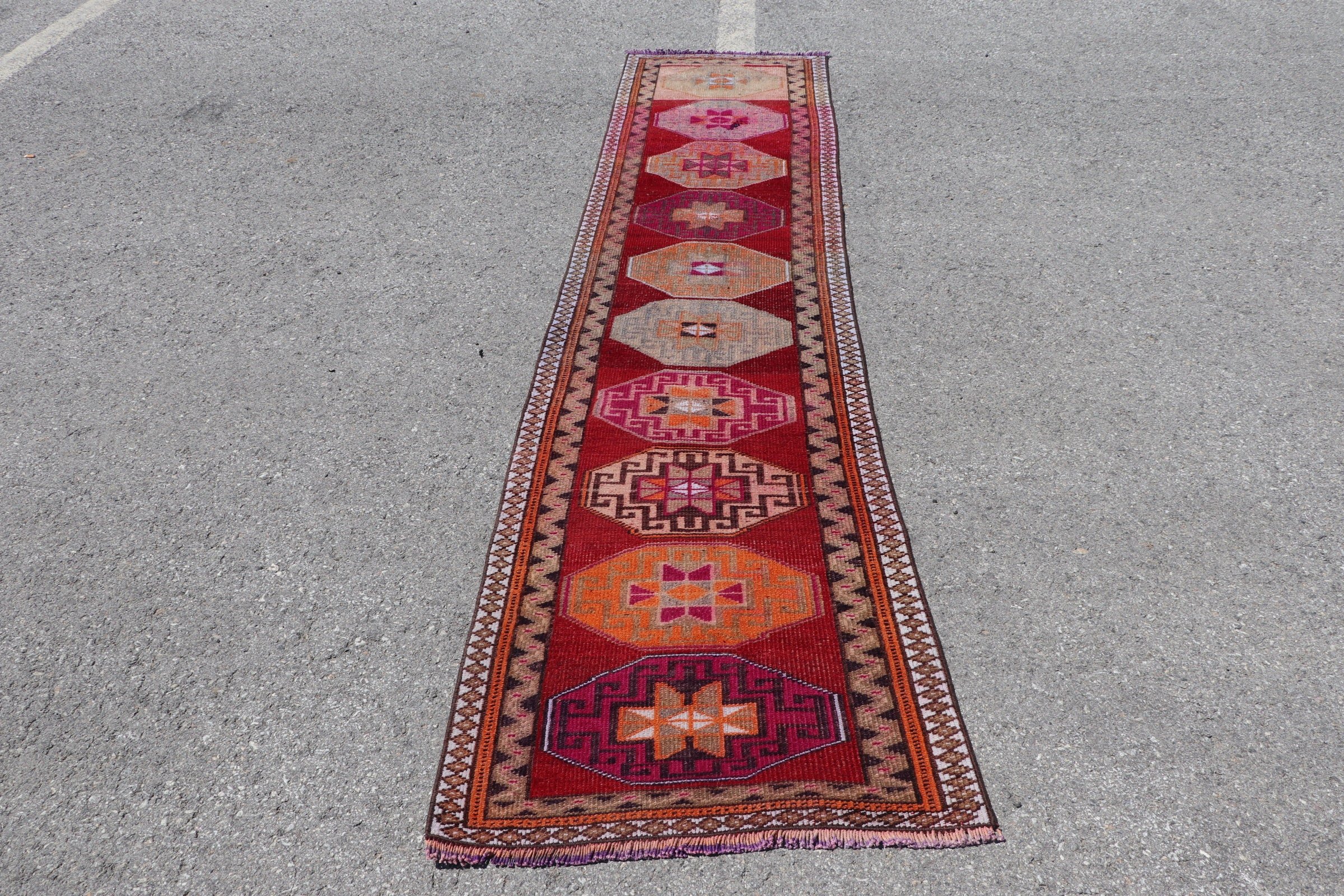 Red  2.3x10.2 ft Runner Rug, Antique Rug, Pale Rugs, Oriental Rug, Vintage Rug, Turkish Rugs, Kitchen Rug, Rugs for Stair