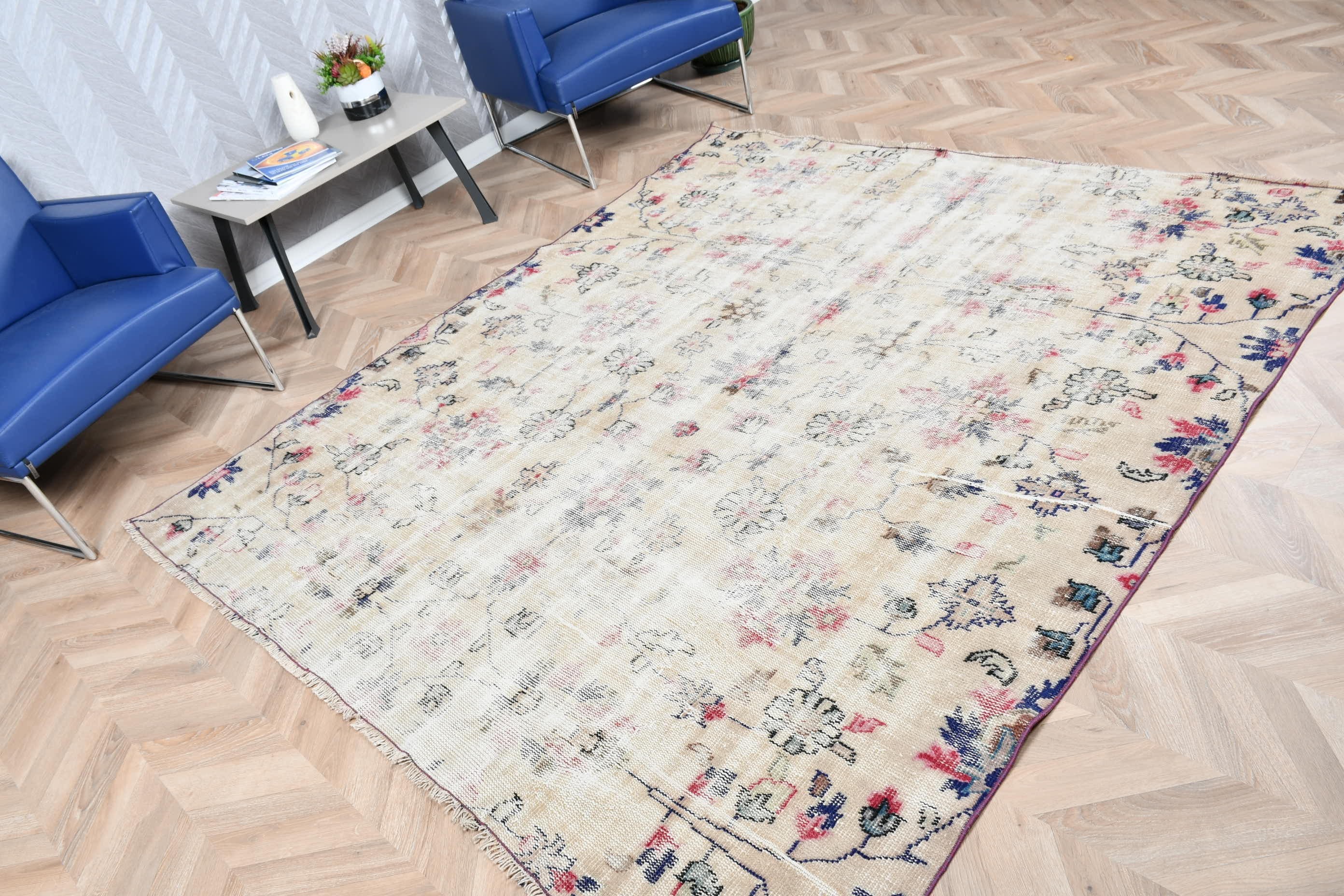 Bedroom Rug, Dining Room Rug, Turkish Rug, Rugs for Bedroom, Beige Antique Rug, Wool Rug, Vintage Rugs, Floor Rug, 6.8x7.3 ft Large Rug