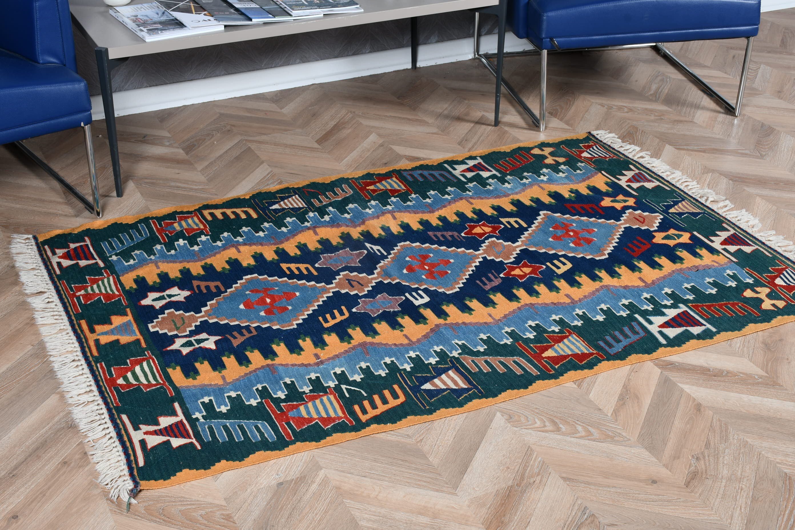 Türk Halısı, Vintage Halı, 3,7x5,5 ft Aksan Halısı, Kilim, Yeşil Oushak Halısı, Mutfak Halıları, Soluk Halı, Giriş Halısı, Fas Halısı