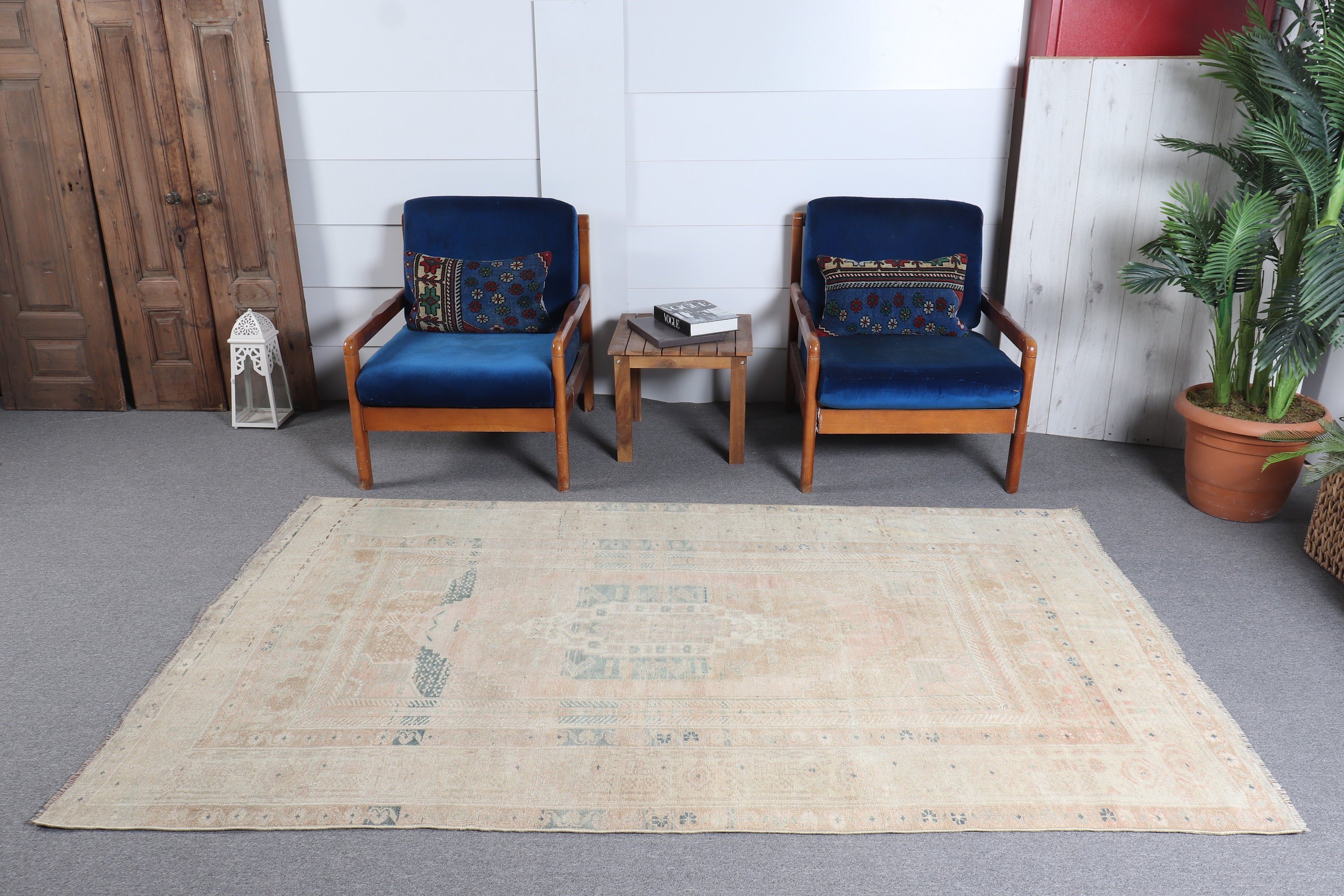 Mutfak Halısı, Vintage Halılar, Kilim, Alan Kilimleri, Yemek Odası Halısı, Türk Halıları, Sarı Oushak Halısı, 4.7x7.6 ft Alan Halısı, Anadolu Halıları