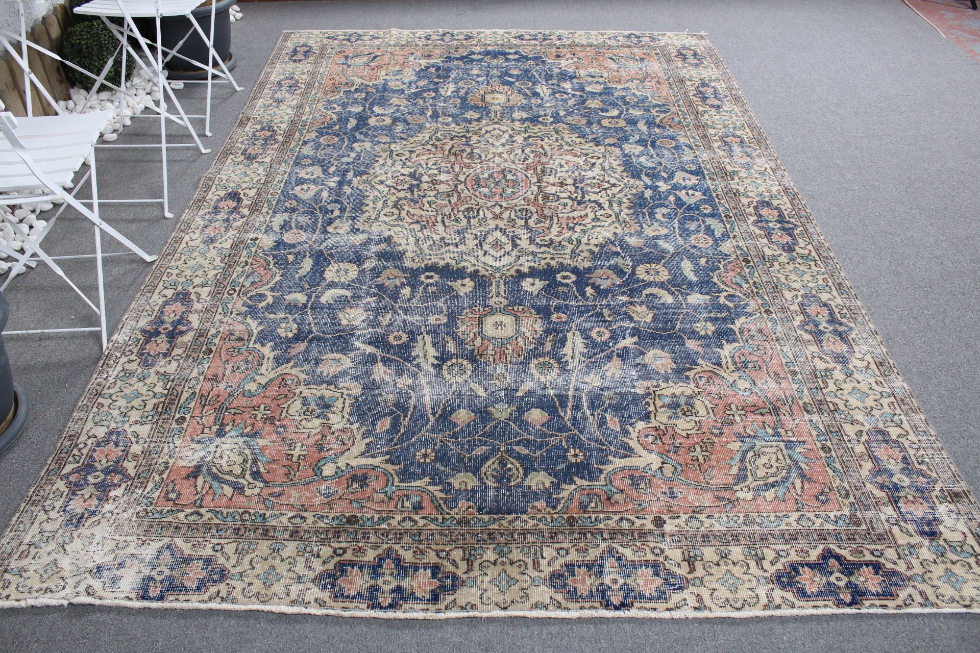 Türk Halısı, 8.3x9.9 ft Büyük Boy Halılar, Yemek Odası Halısı, Nötr Halılar, Yer Halısı, Organik Halı, Mavi Düz Dokuma Halı, Vintage Halılar, Salon Halıları