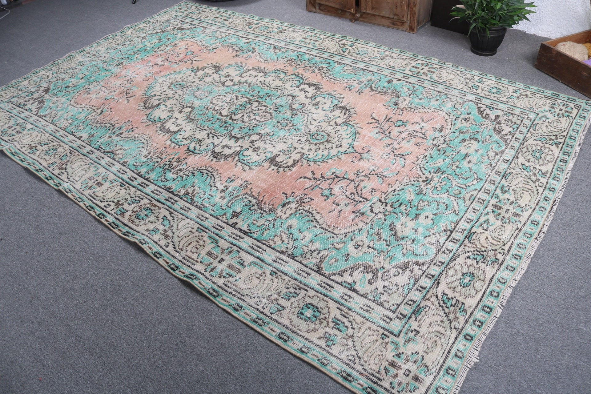 6.5x10.1 ft Büyük Halı, Türk Halıları, Ev Dekor Halısı, Büyük Oushak Halısı, Yeşil Modern Halılar, Vintage Halılar, Büyük Vintage Halılar