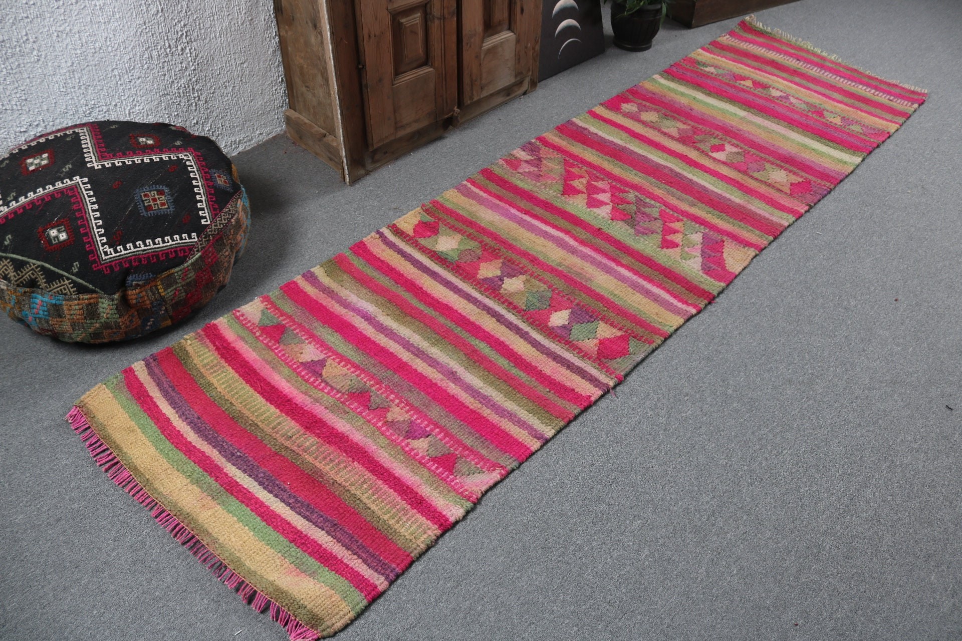 2.7x9.4 ft Runner Halı, Oushak Halıları, Uzun Yolluk Halısı, Vintage Runner Halıları, Modern Halılar, Vintage Halılar, Türk Halıları, Pembe Düz Dokuma Halı