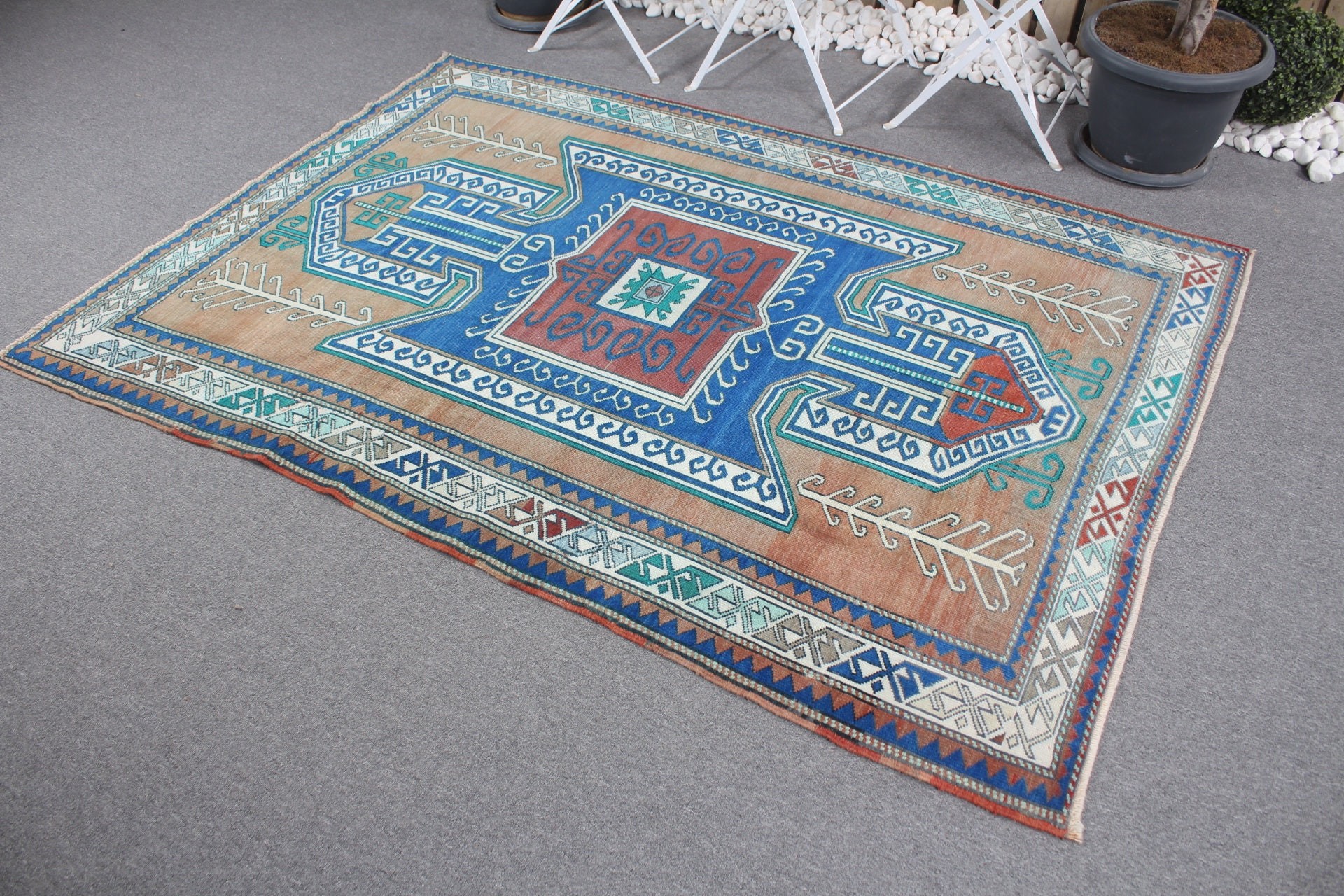 Vintage Rug, Floor Rug, Vintage Decor Rugs, Turkish Rug, Kitchen Rug, Dining Room Rugs, Blue Floor Rugs, 5x6.9 ft Area Rugs