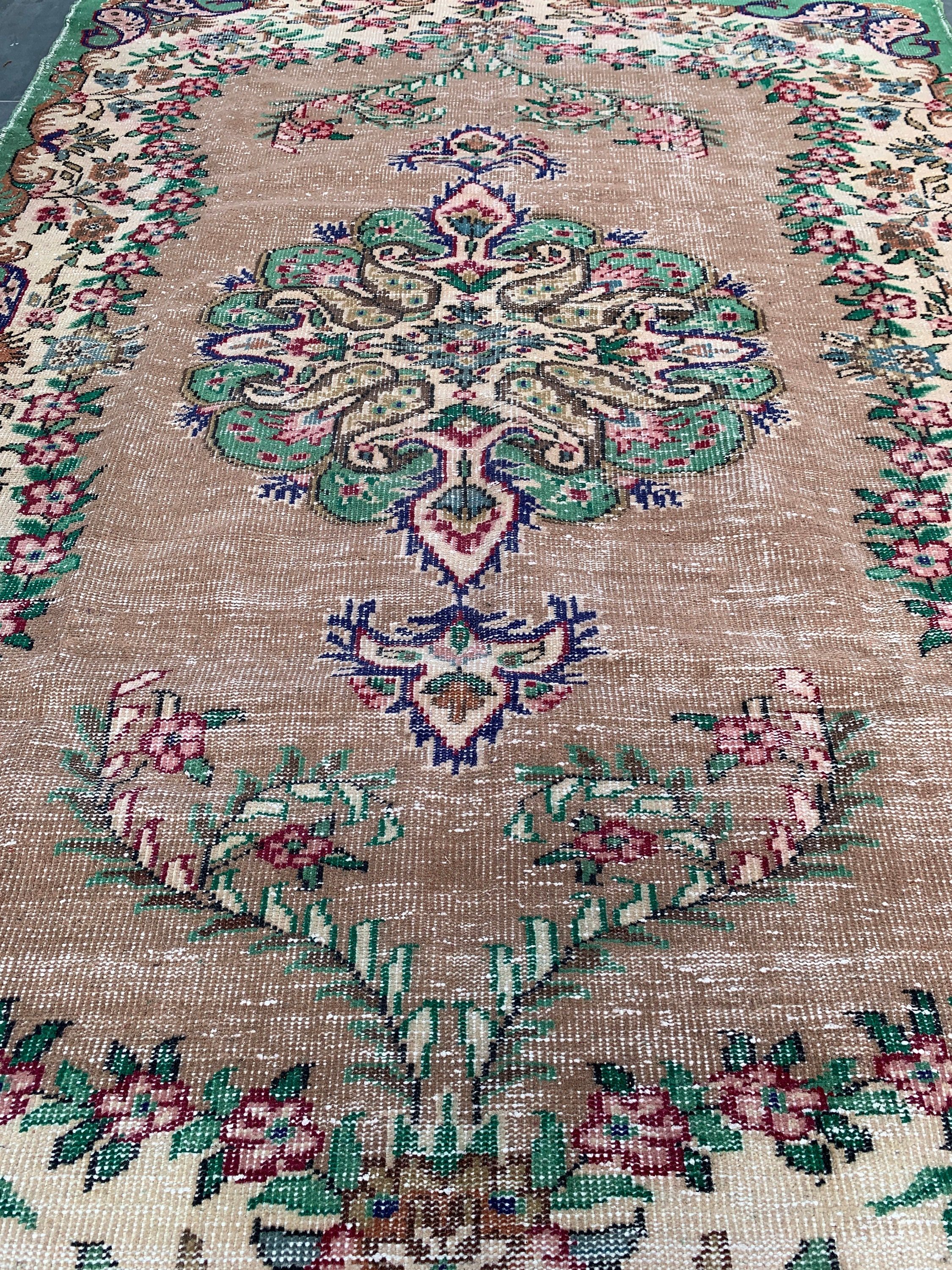 Mutfak Halıları, Vintage Halı, Türk Halısı, Bej Anadolu Halısı, Yemek Odası Halıları, 6.5x9.5 ft Büyük Halı, Salon Halısı, Oryantal Halı, Parlak Halılar