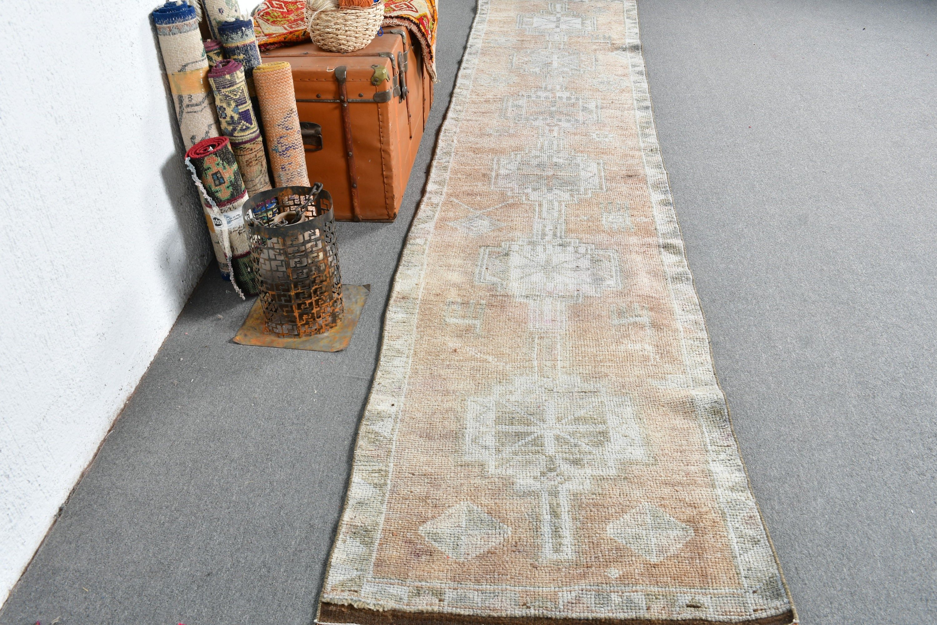 Vintage Rugs, Rugs for Hallway, 2.7x12.9 ft Runner Rug, Brown Floor Rug, Pale Rug, Corridor Rugs, Turkish Rug, Anatolian Rug, Antique Rug