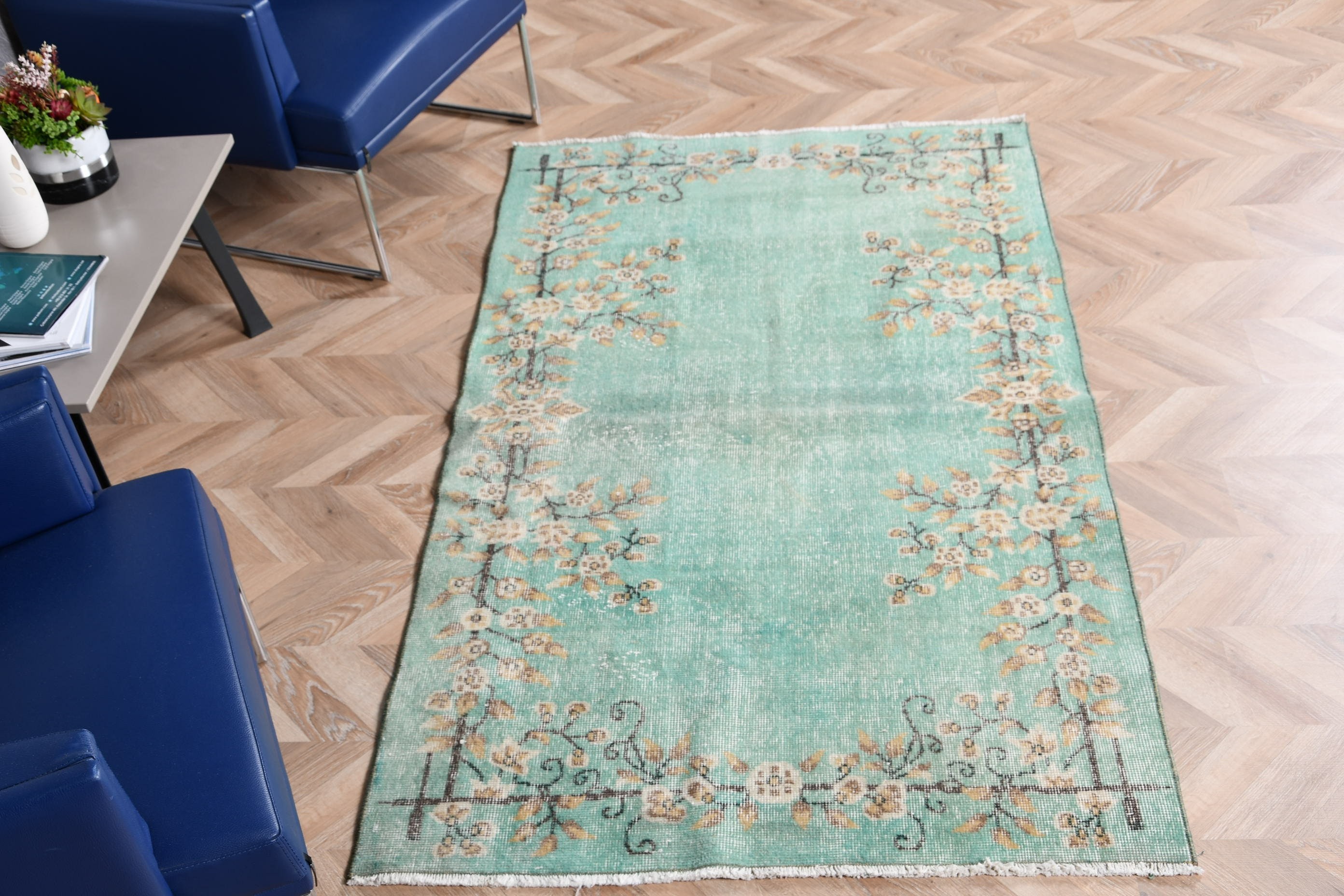 Turkish Rugs, Decorative Rugs, Kitchen Rug, Vintage Rug, Bedroom Rug, Green Cool Rug, Home Decor Rug, 3.7x6.5 ft Area Rug, Living Room Rug