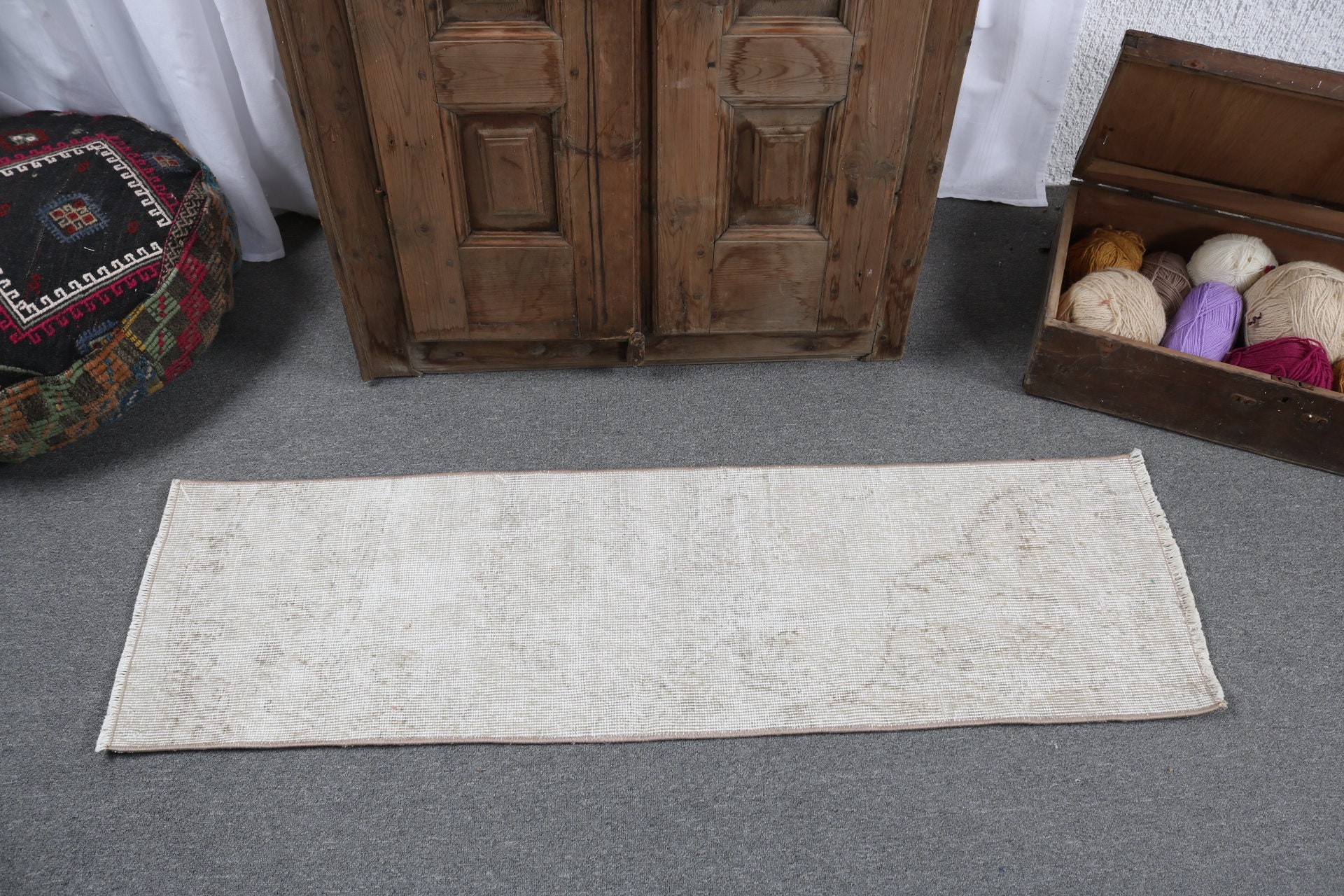 Vintage Halı, Banyo Halıları, Duvara Asılı Halılar, 1.4x4.7 ft Küçük Halı, Türk Halıları, Yeşil Ev Dekorasyonu Halıları, Nötr Halı, Geometrik Halı