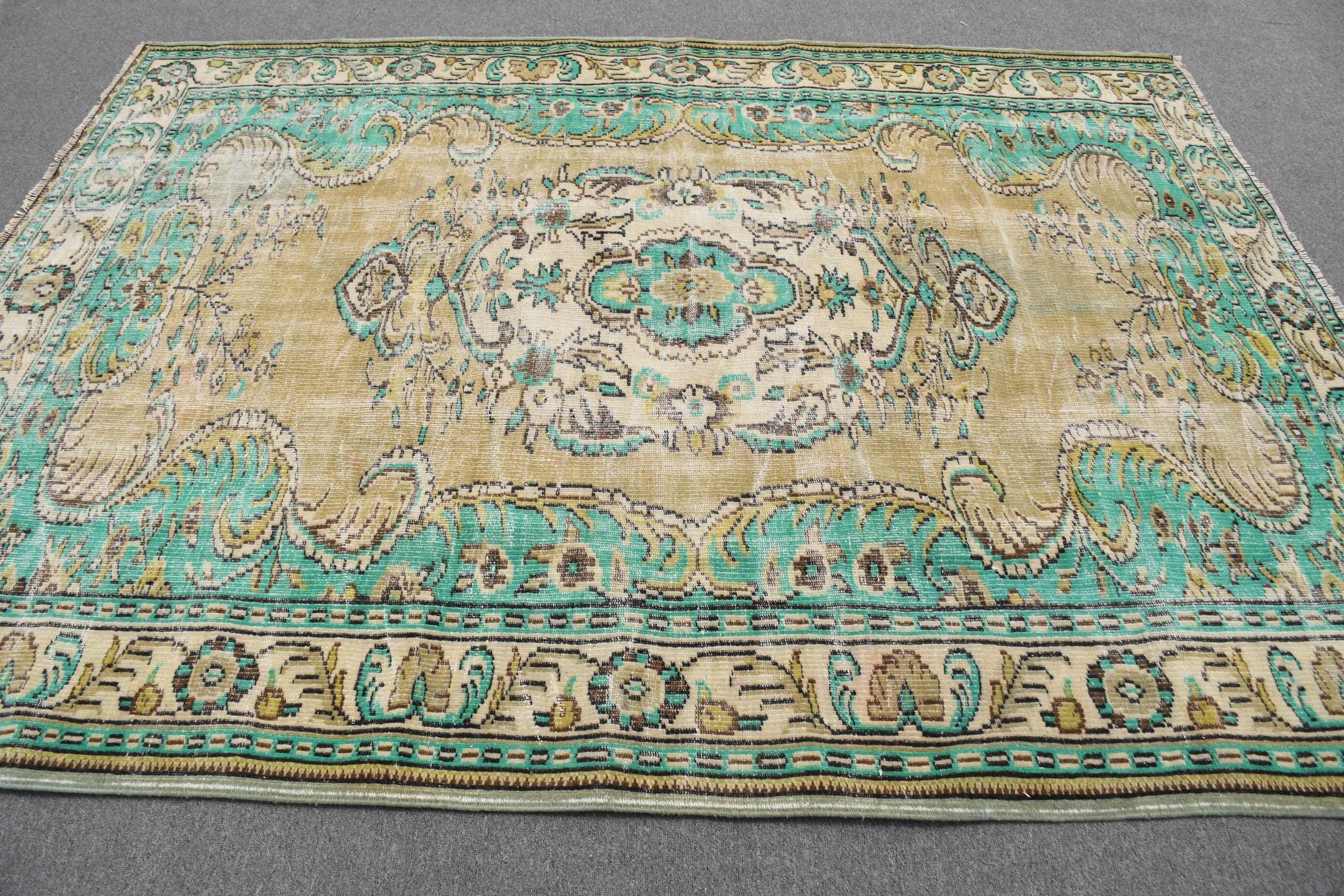 Dining Room Rug, Green Oriental Rug, Pale Rug, 6.4x8.5 ft Large Rug, Oushak Rugs, Living Room Rug, Antique Rug, Vintage Rug, Turkish Rug