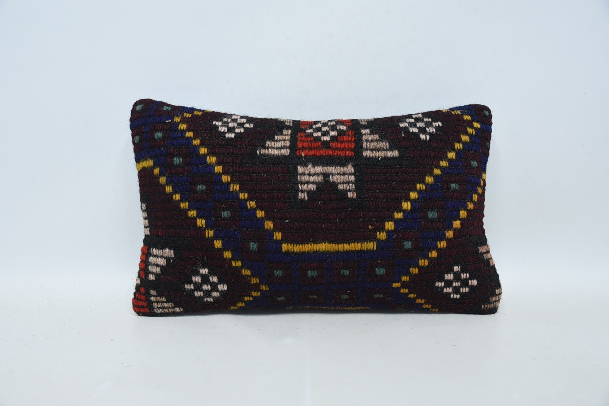 Vintage Kilim Pillow, 12"x20" Brown Pillow, Antique Pillows, Handmade Kilim Cushion, Hippie Throw Cushion Case, Nomadic Pillow Sham