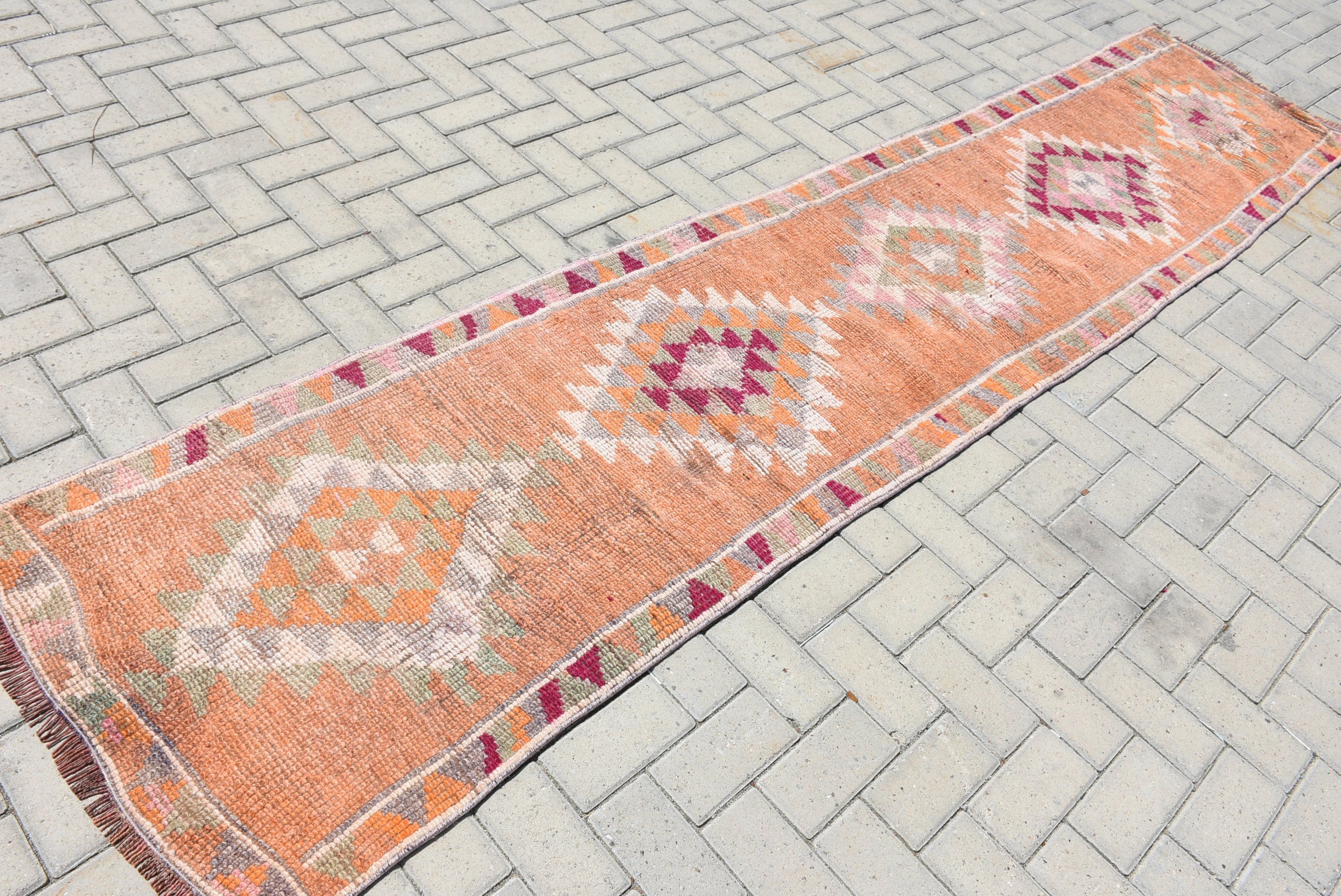 Organic Rugs, Kitchen Rugs, Anatolian Rugs, Corridor Rug, Turkish Rug, 2.5x11 ft Runner Rug, Orange Cool Rug, Vintage Rugs