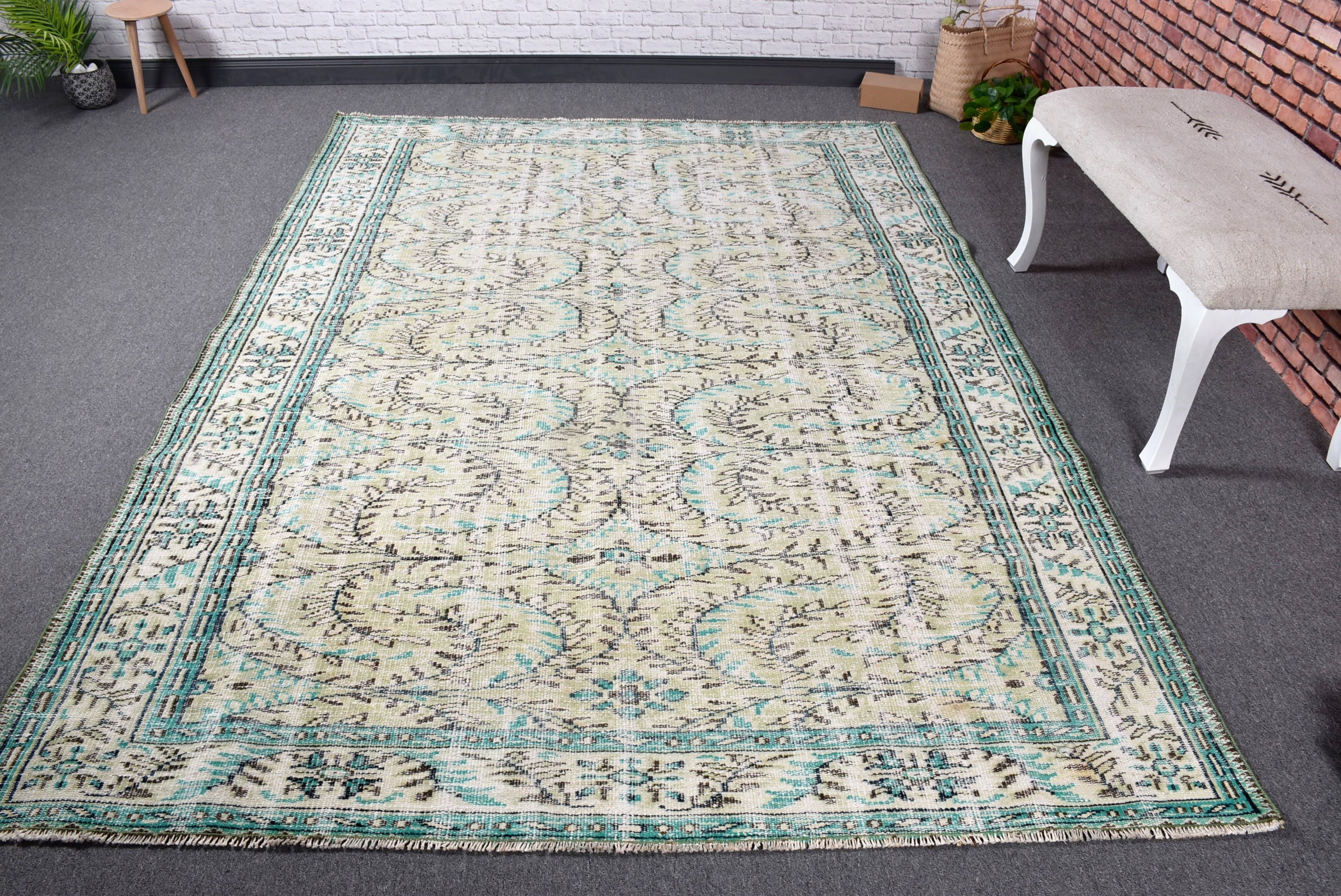 Türk Halıları, Salon Halıları, 6.1x8.3 ft Büyük Halı, Modern Halılar, Yer Halısı, Ev Dekorasyonu Halıları, Yeşil Modern Halılar, Büyük Oushak Halıları, Vintage Halılar