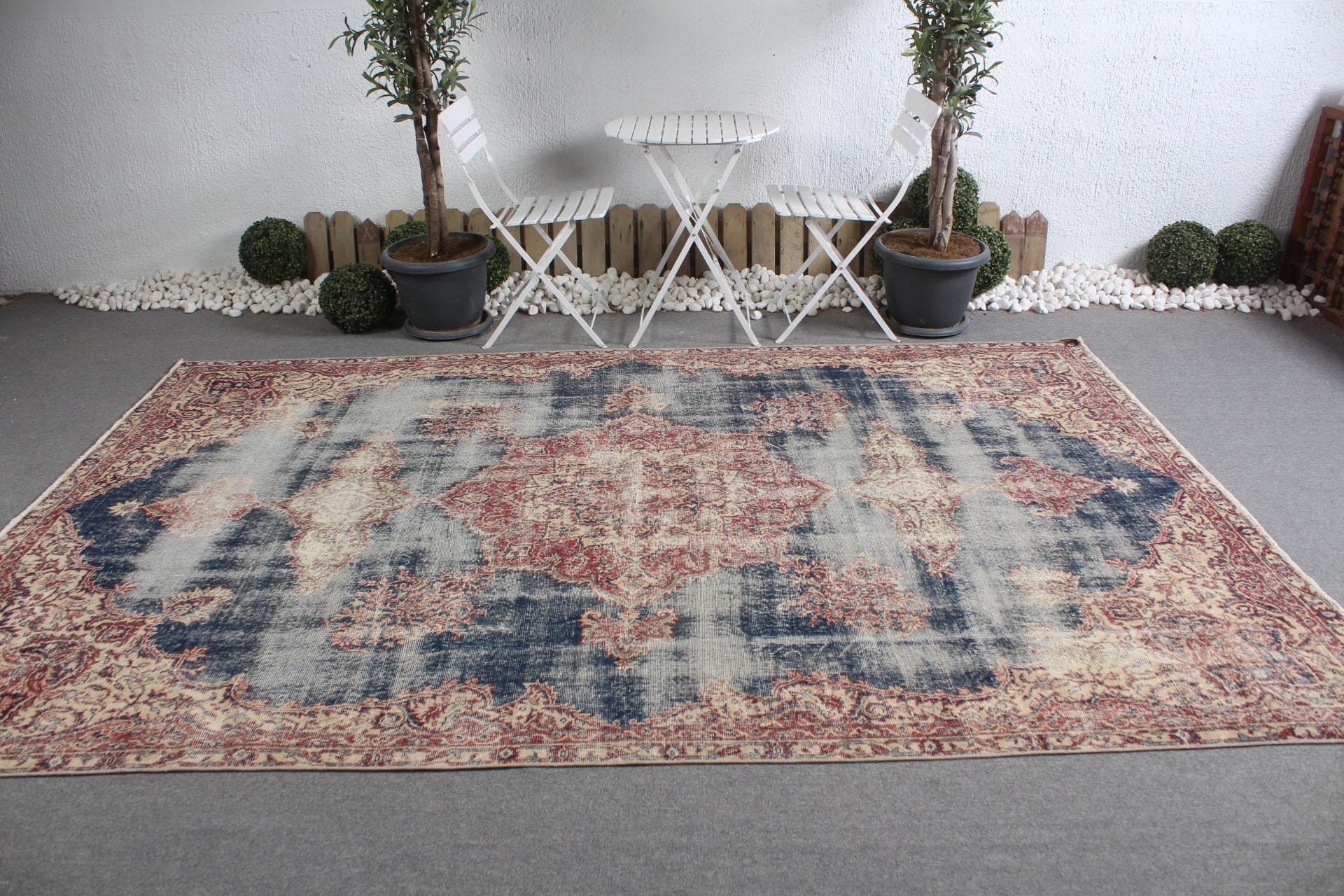 Turkish Rug, Oriental Rugs, Kitchen Rugs, 6.8x10.4 ft Oversize Rug, Dining Room Rug, Living Room Rug, Blue Oushak Rugs, Vintage Rug