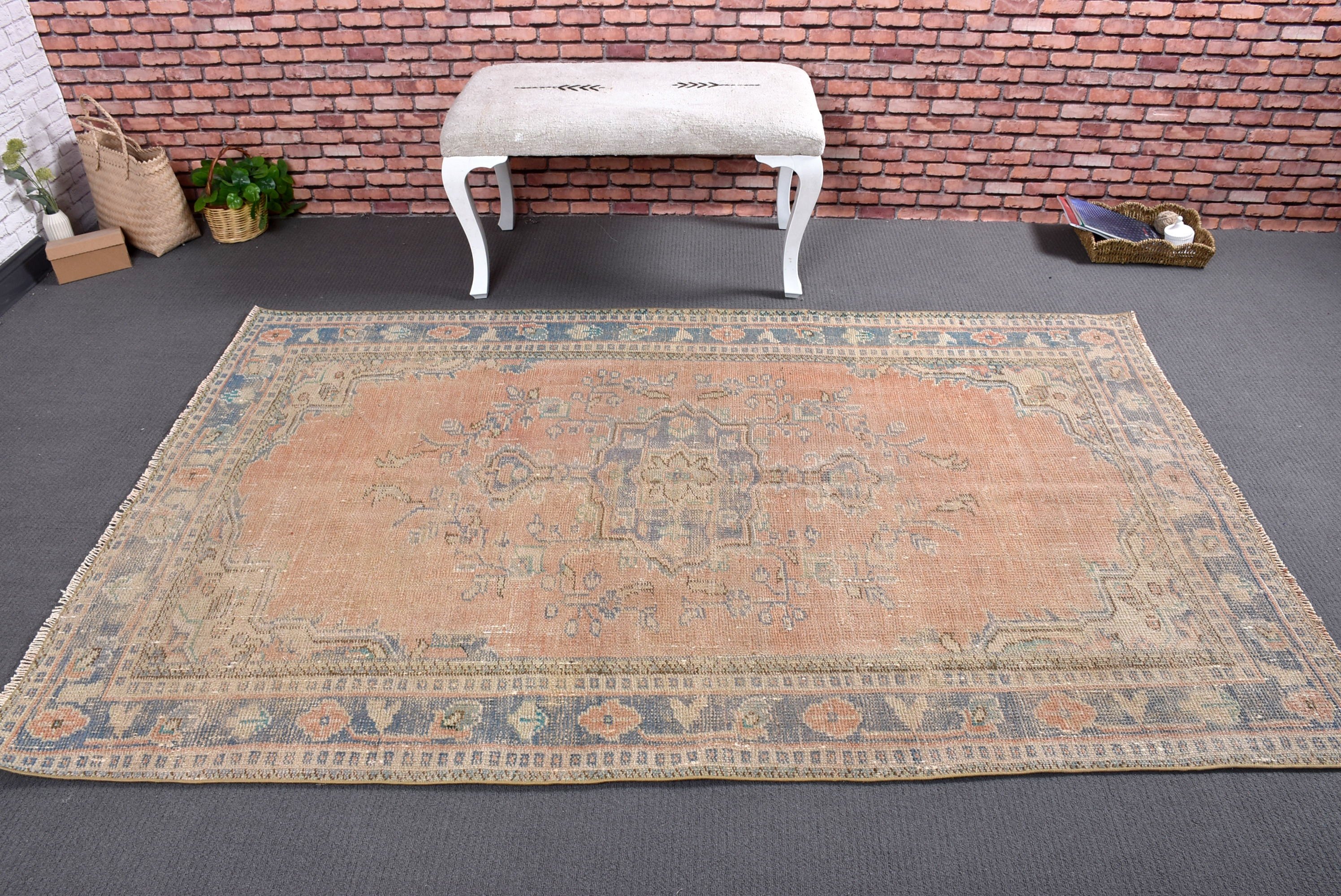 4.5x7.3 ft Area Rug, Dining Room Rug, Turkish Rugs, Organic Rugs, Neutral Rugs, Vintage Rugs, Orange Wool Rugs, Statement Rug, Bedroom Rugs