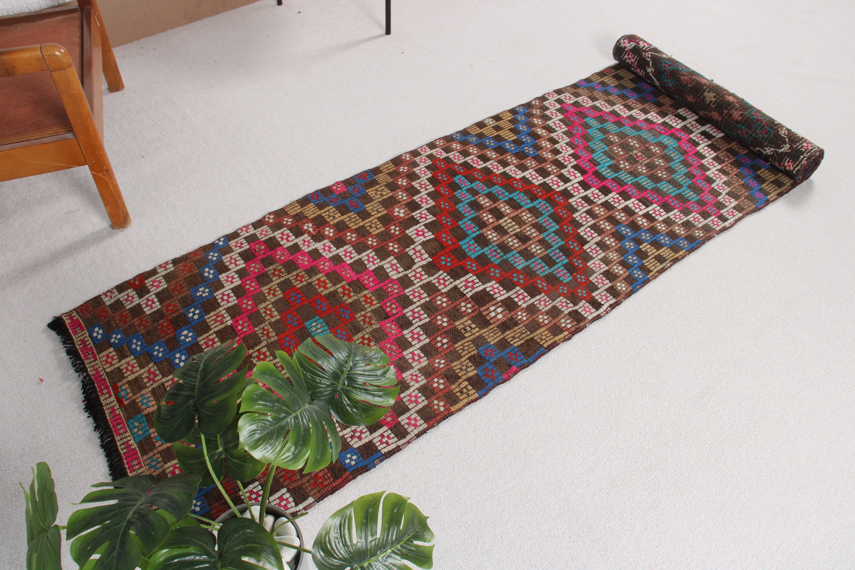 Havalı Halı, Koridor Halısı, 2.3x10.6 ft Runner Halısı, Vintage Runner Halıları, Kilim, Kahverengi Boho Halısı, Türk Halısı, Fas Halıları, Vintage Halı