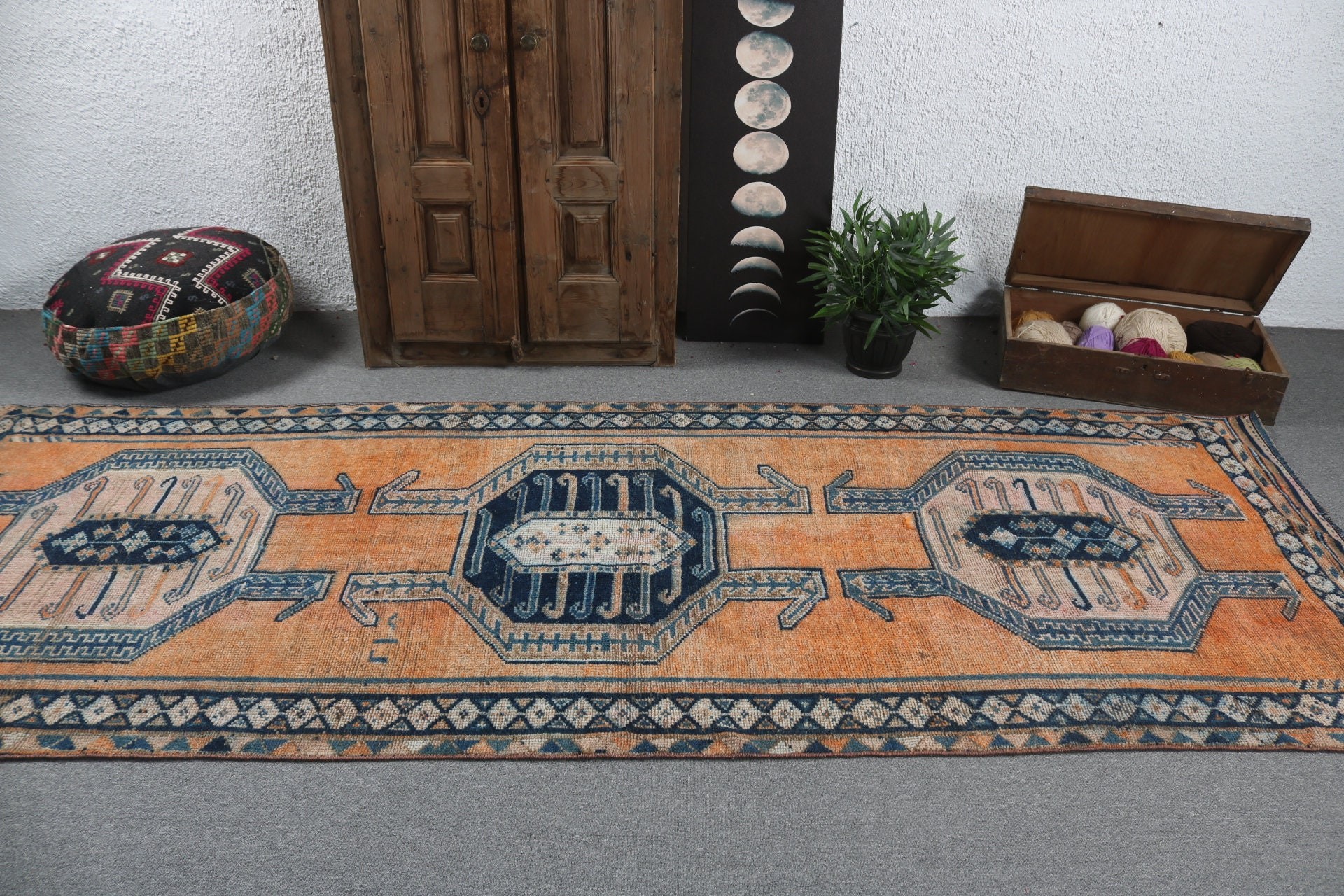 Long Runner Rugs, Orange Cool Rugs, 4.1x11.1 ft Runner Rugs, Vintage Rug, Bedroom Rug, Turkish Rugs, Rugs for Kitchen, Statement Rug