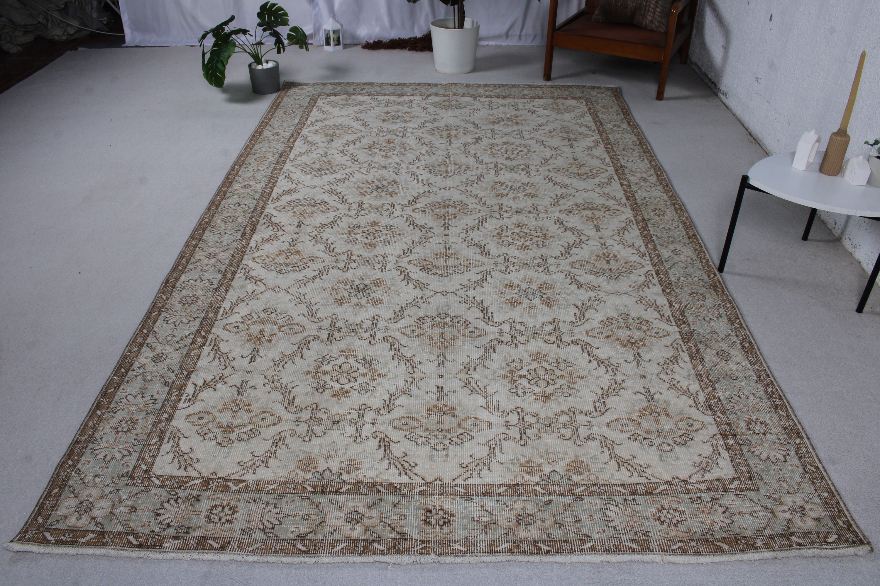 Yer Halısı, Bej Nötr Halı, Yemek Odası Halısı, Türk Halısı, Büyük Oushak Halısı, Vintage Halı, Düz Dokuma Halılar, 6.1x9.7 ft Büyük Halı, Boho Halısı