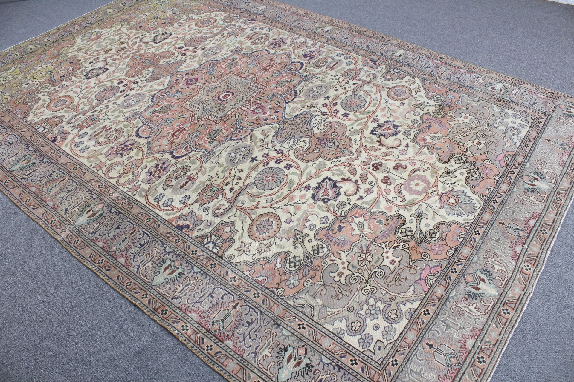 Bej Yer Halısı, Yün Halı, Vintage Halılar, Yemek Odası Halısı, Antika Halılar, 6.3x9.5 ft Büyük Halılar, Oturma Odası Halısı, Eskitme Halısı, Türk Halısı