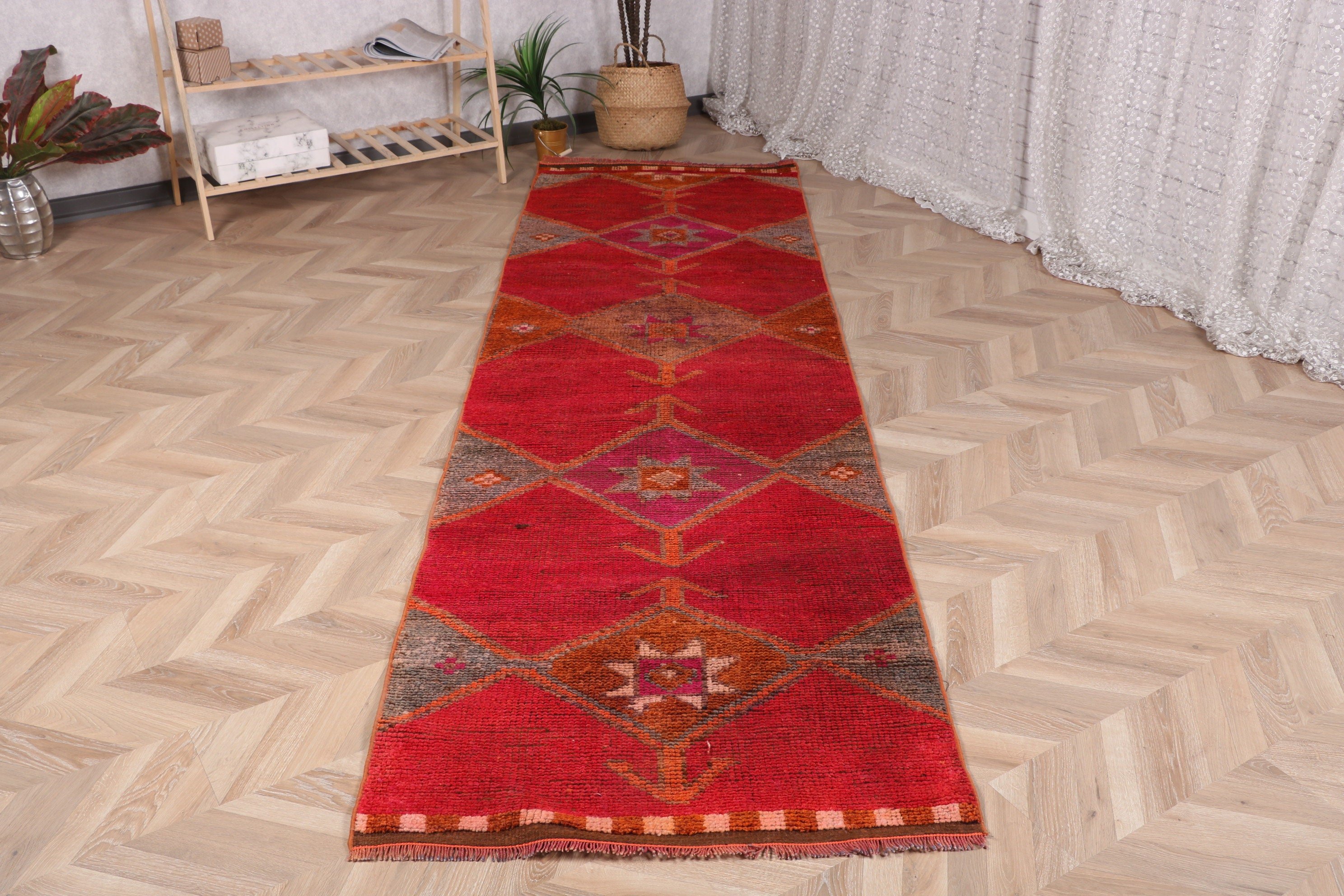 Türk Halısı, Yatak Odası Halısı, 3x10.2 ft Runner Halıları, Kırmızı Düz ​​Dokuma Halısı, Fas Halıları, Vintage Halı, Koridor Halıları, Vintage Runner Halıları