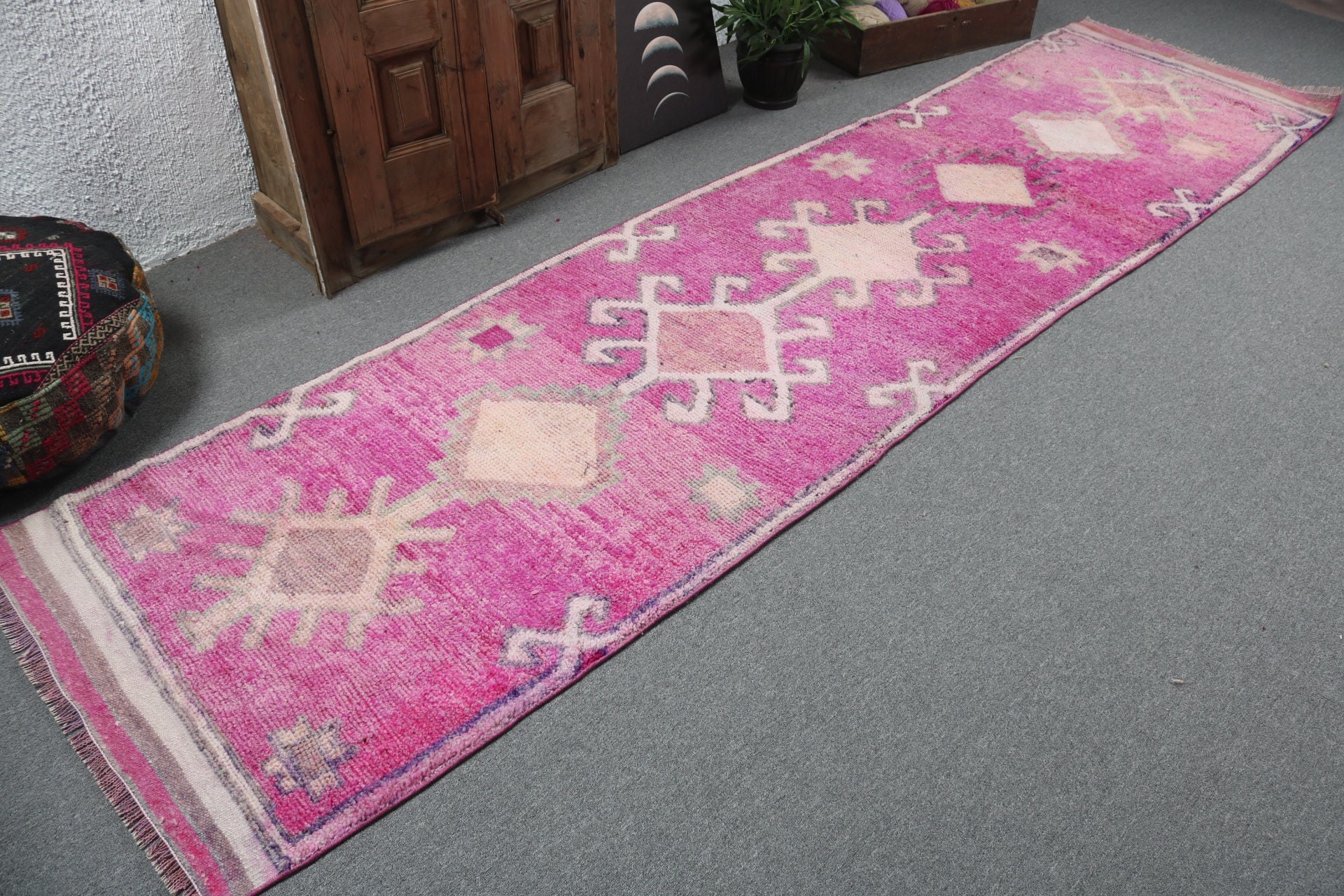 Boho Halılar, Lüks Halılar, Vintage Halılar, Türk Halıları, 2,9x11,6 ft Koşucu Halısı, Geometrik Halı, Pembe Geometrik Halılar, Merdiven Halısı, Uzun Yolluk Halıları