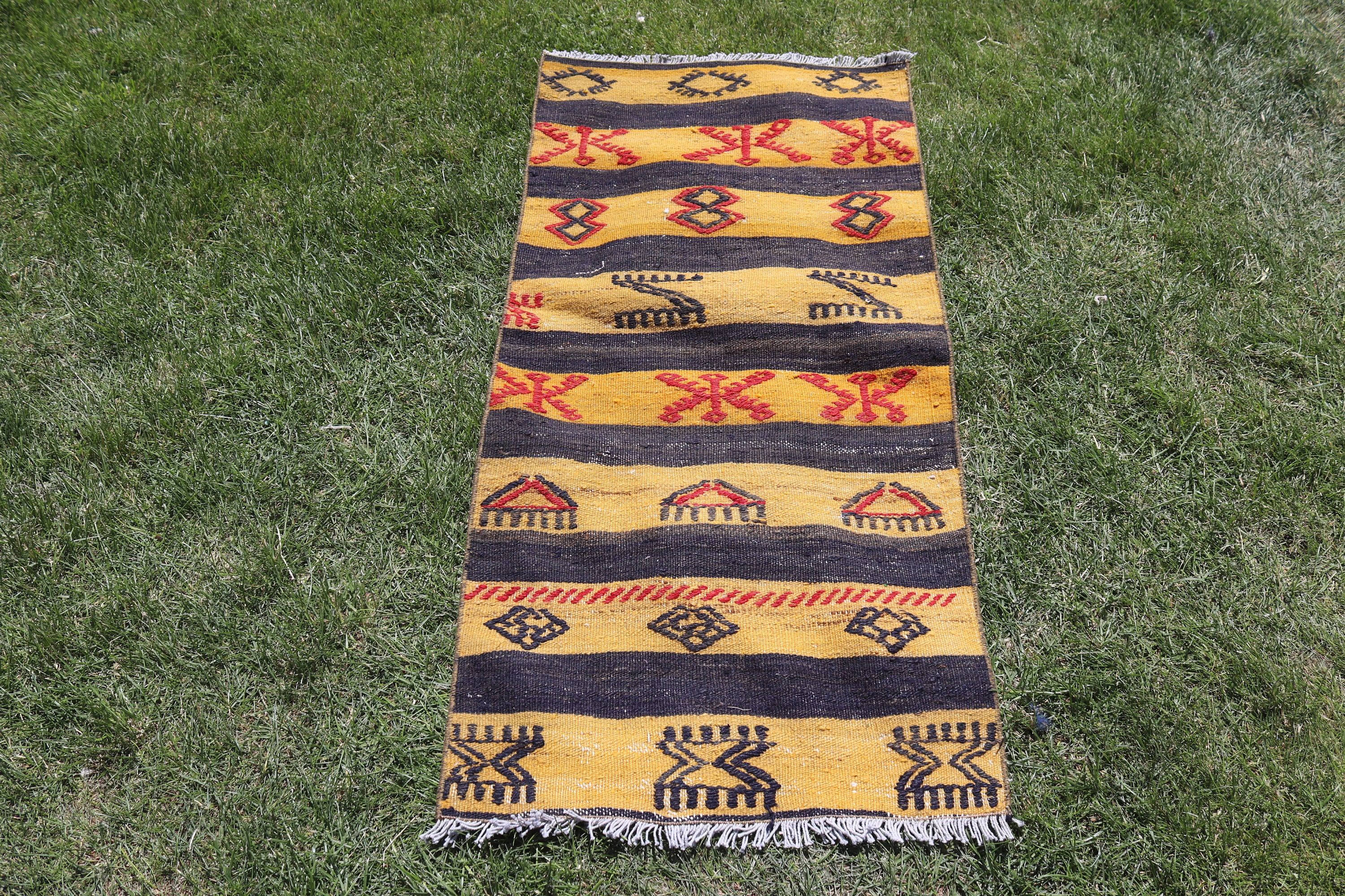 Vintage Rug, Kilim, Neutral Rugs, Yellow Wool Rugs, Turkish Rug, Boho Rug, 1.9x4 ft Small Rug, Home Decor Rugs, Bathroom Rug, Nursery Rug