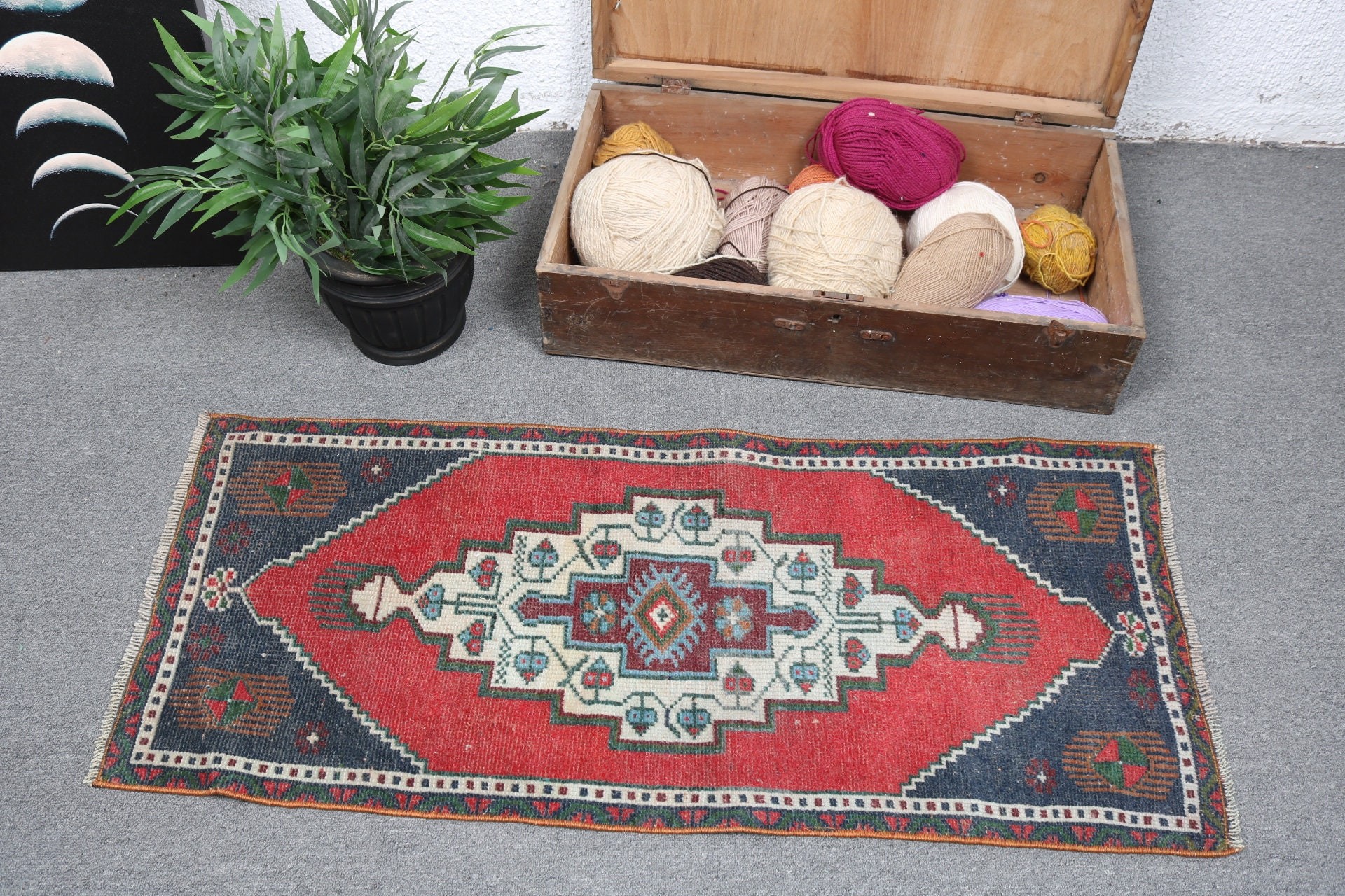 1.6x3.8 ft Small Rugs, Vintage Rug, Antique Rug, Turkish Rug, Kitchen Rug, Geometric Rug, Bathroom Rug, Red Handwoven Rugs, Boho Rug