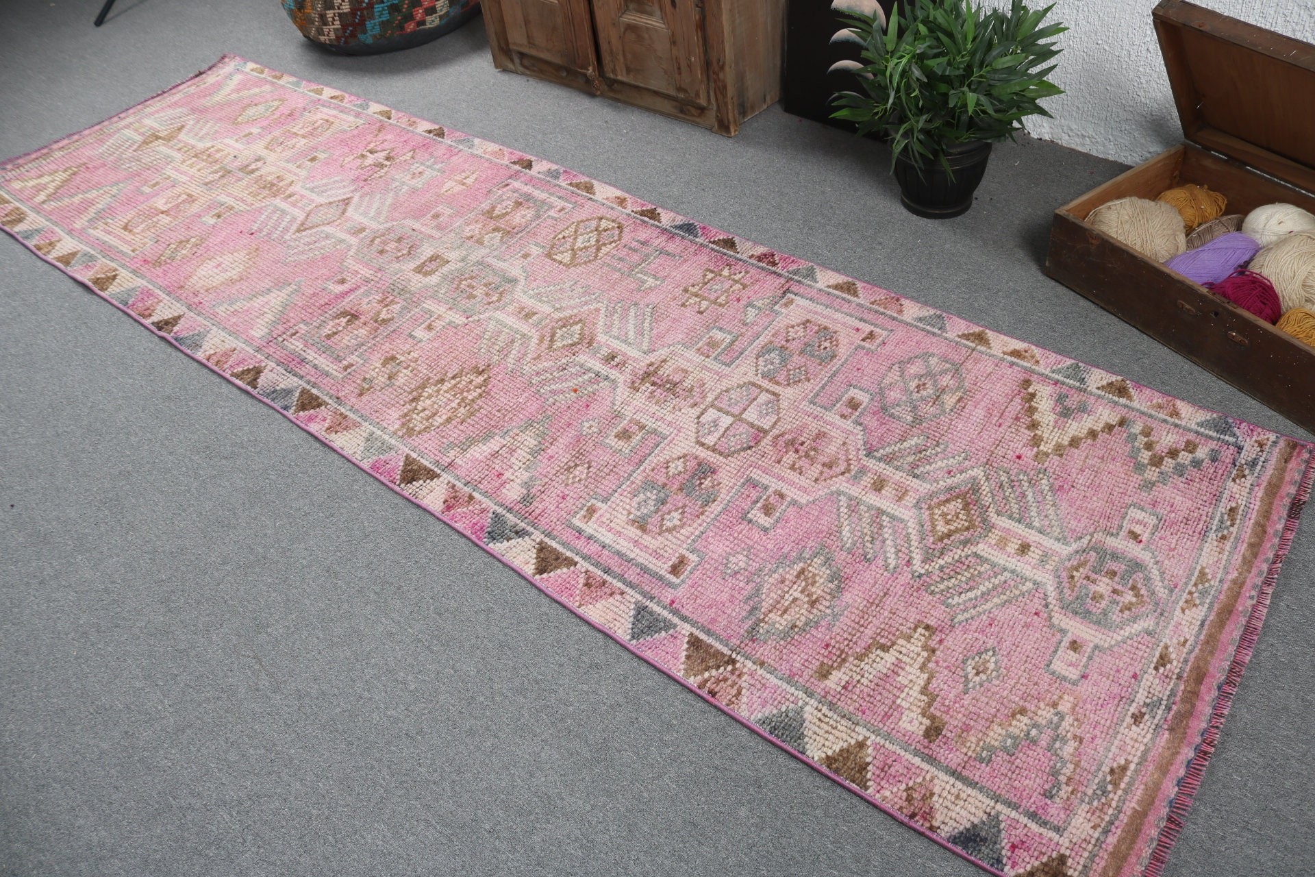 Pink Wool Rugs, Geometric Rug, Turkish Rug, Bedroom Rugs, 3.1x10.8 ft Runner Rug, Vintage Rugs, Hallway Rugs, Rugs for Beni Ourain Runner