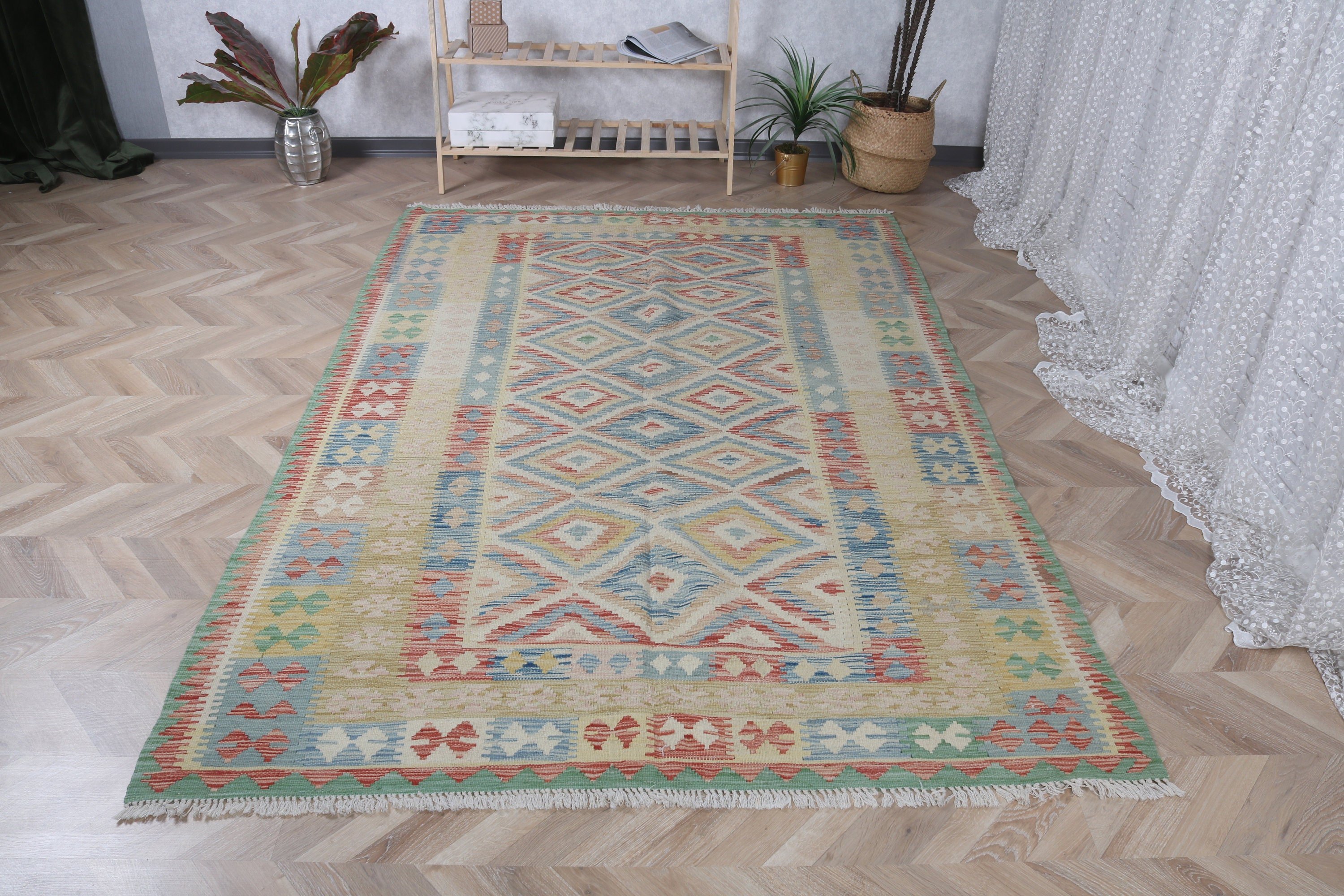 Vintage Halı, 5.3x8 ft Büyük Halı, Türk Halısı, Etnik Halı, Gökkuşağı Oryantal Halısı, Modern Halılar, Yatak Odası Halıları, Yün Halılar, Oturma Odası Halıları