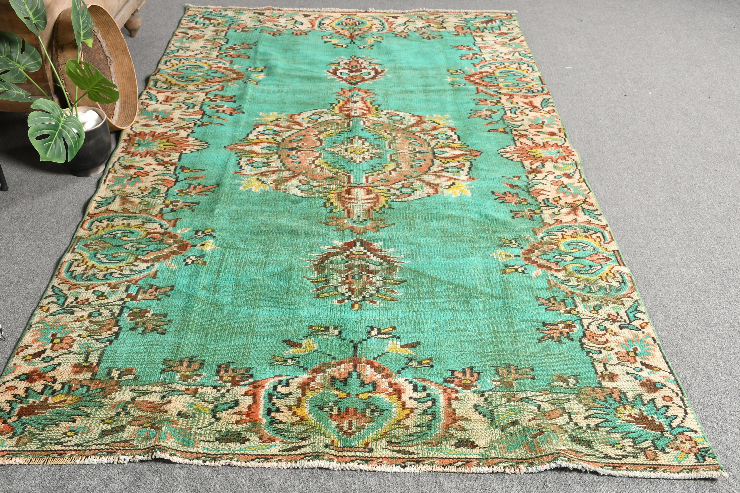 Oturma Odası Halısı, Yeşil 4.9x8.4 ft Büyük Halılar, Mutfak Halıları, Yün Halı, Salon Halıları, Türk Halıları, Vintage Halılar, Salon Halısı