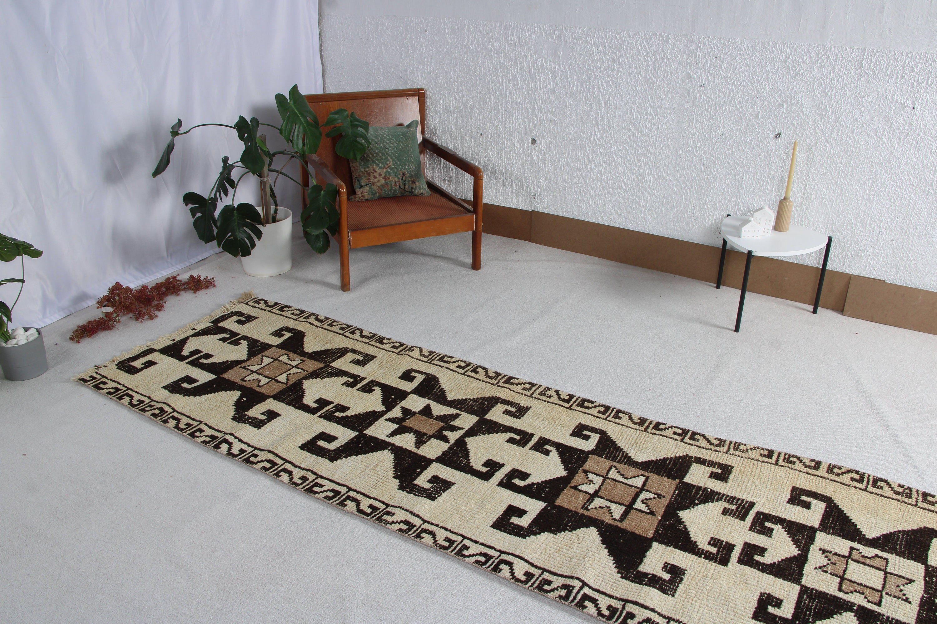 Modern Halı, Uzun Yolluk Halı, Bildiri Halısı, Kahverengi Geometrik Halı, Vintage Halılar, Oushak Halısı, Türk Halıları, Koridor Halısı, 3.1x9.6 ft Yolluk Halısı