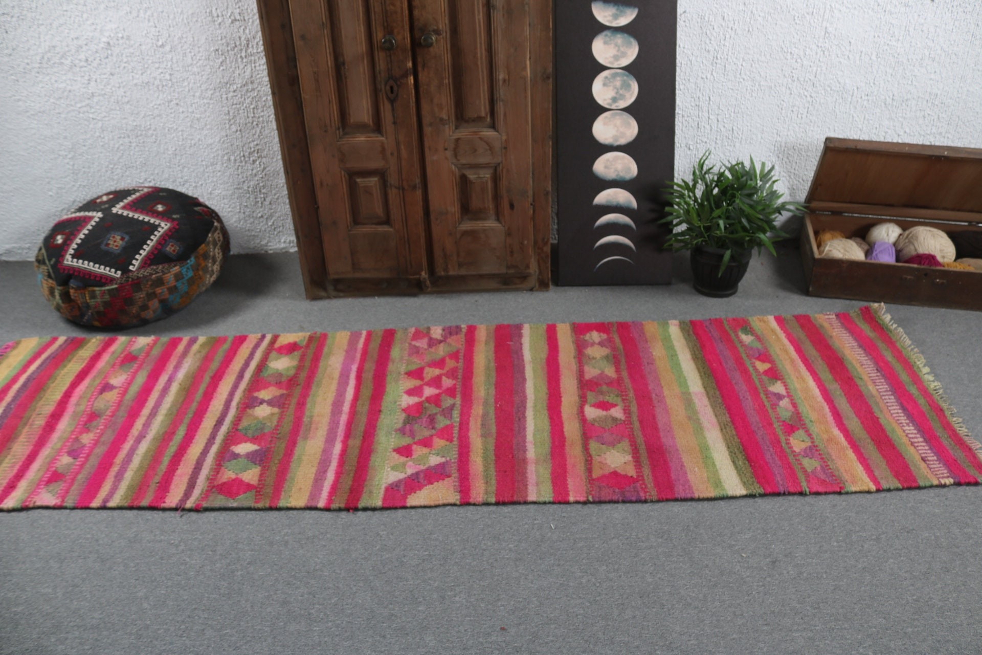 2.7x9.4 ft Runner Halı, Oushak Halıları, Uzun Yolluk Halısı, Vintage Runner Halıları, Modern Halılar, Vintage Halılar, Türk Halıları, Pembe Düz Dokuma Halı