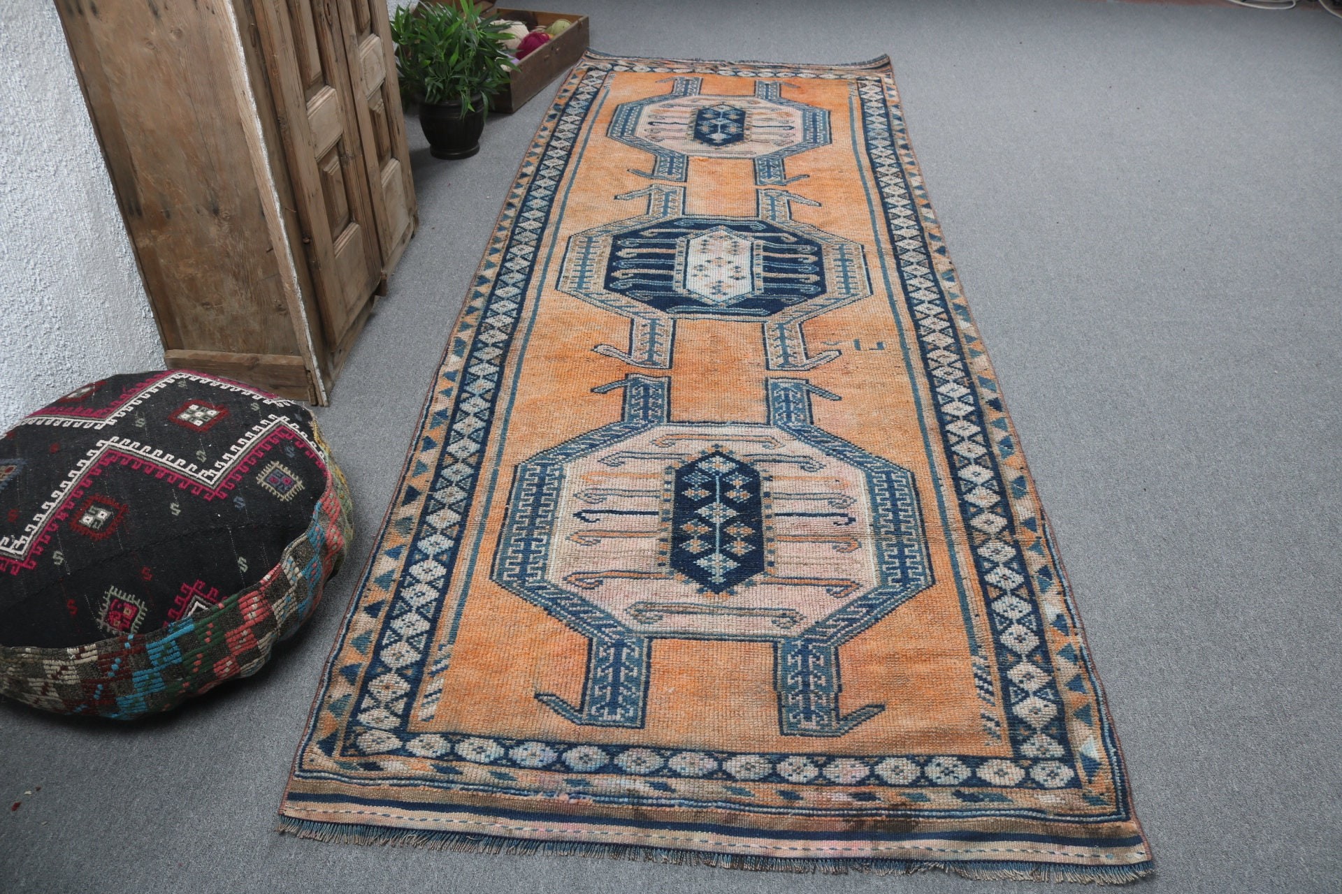 Long Runner Rugs, Orange Cool Rugs, 4.1x11.1 ft Runner Rugs, Vintage Rug, Bedroom Rug, Turkish Rugs, Rugs for Kitchen, Statement Rug