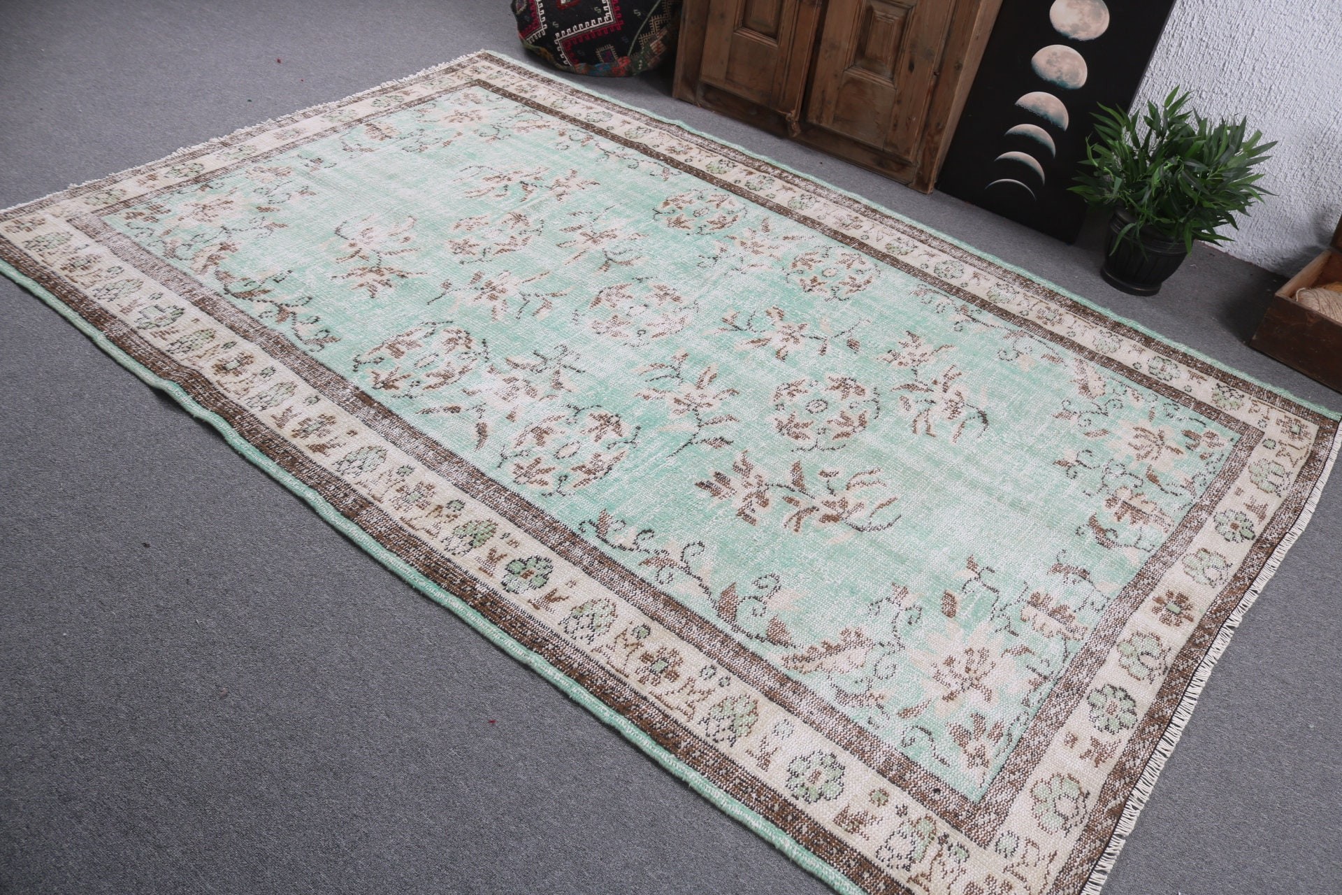 Vintage Halılar, 5.6x8.4 ft Büyük Halı, Yeşil Zemin Halısı, Büyük Boho Halıları, Oushak Halıları, Lüks Halılar, Yemek Odası Halıları, Türk Halısı