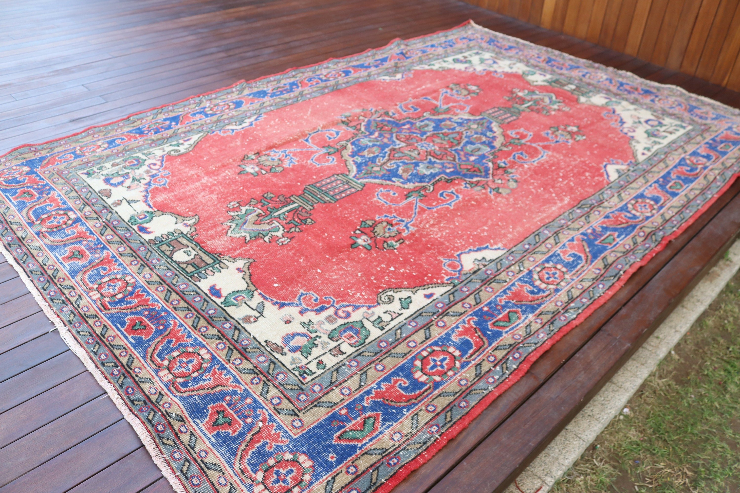 Büyük Vintage Halılar, Kırmızı İfade Halıları, Vintage Halılar, Lüks Halılar, Türk Halıları, Salon Halıları, 6.4x10.3 ft Büyük Halılar, Düz Dokuma Halı