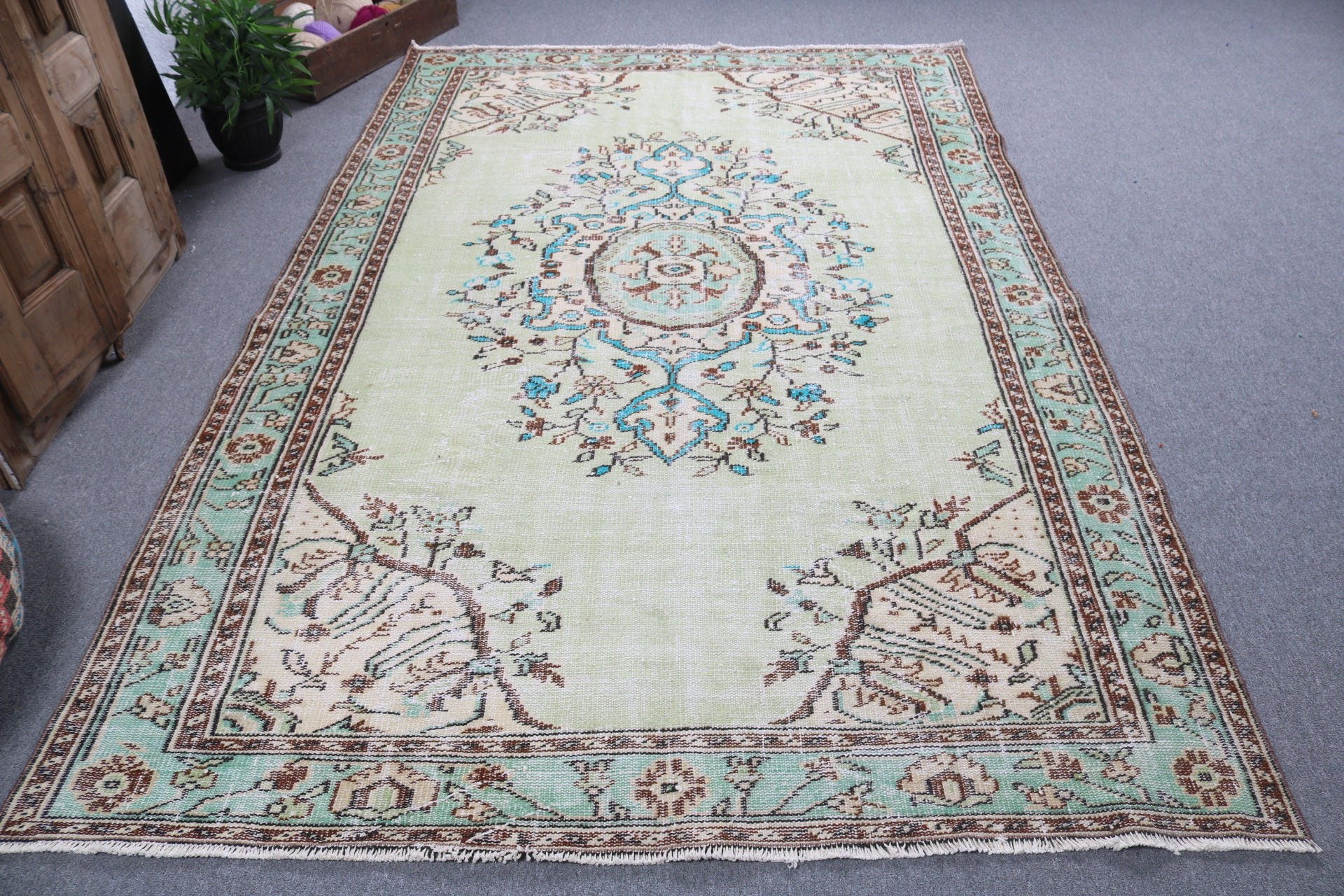 Vintage Halı, Düz Dokuma Halı, Salon Halısı, 5.9x9.1 ft Büyük Halı, Türk Halıları, Yeşil Ev Dekor Halıları, Oushak Halıları, Yer Halıları, Oturma Odası Halıları