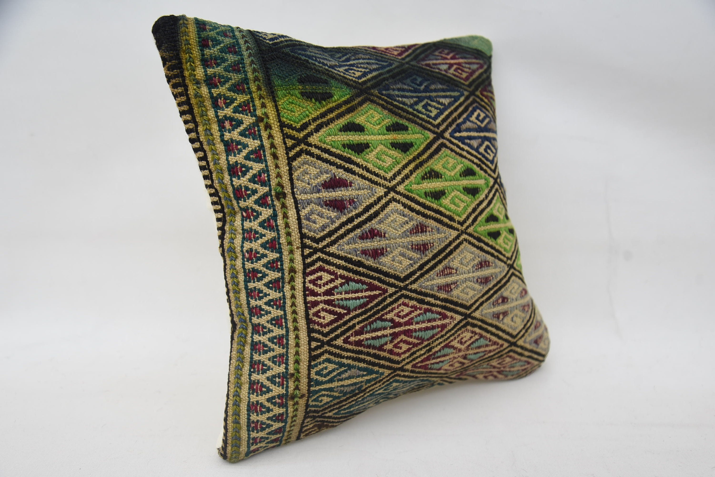 Gift Pillow, Kilim Pillow Cover, Ethnic Pillow Case, Office Chair Pillow Sham, Turkish Pillow, 12"x12" Green Cushion Case