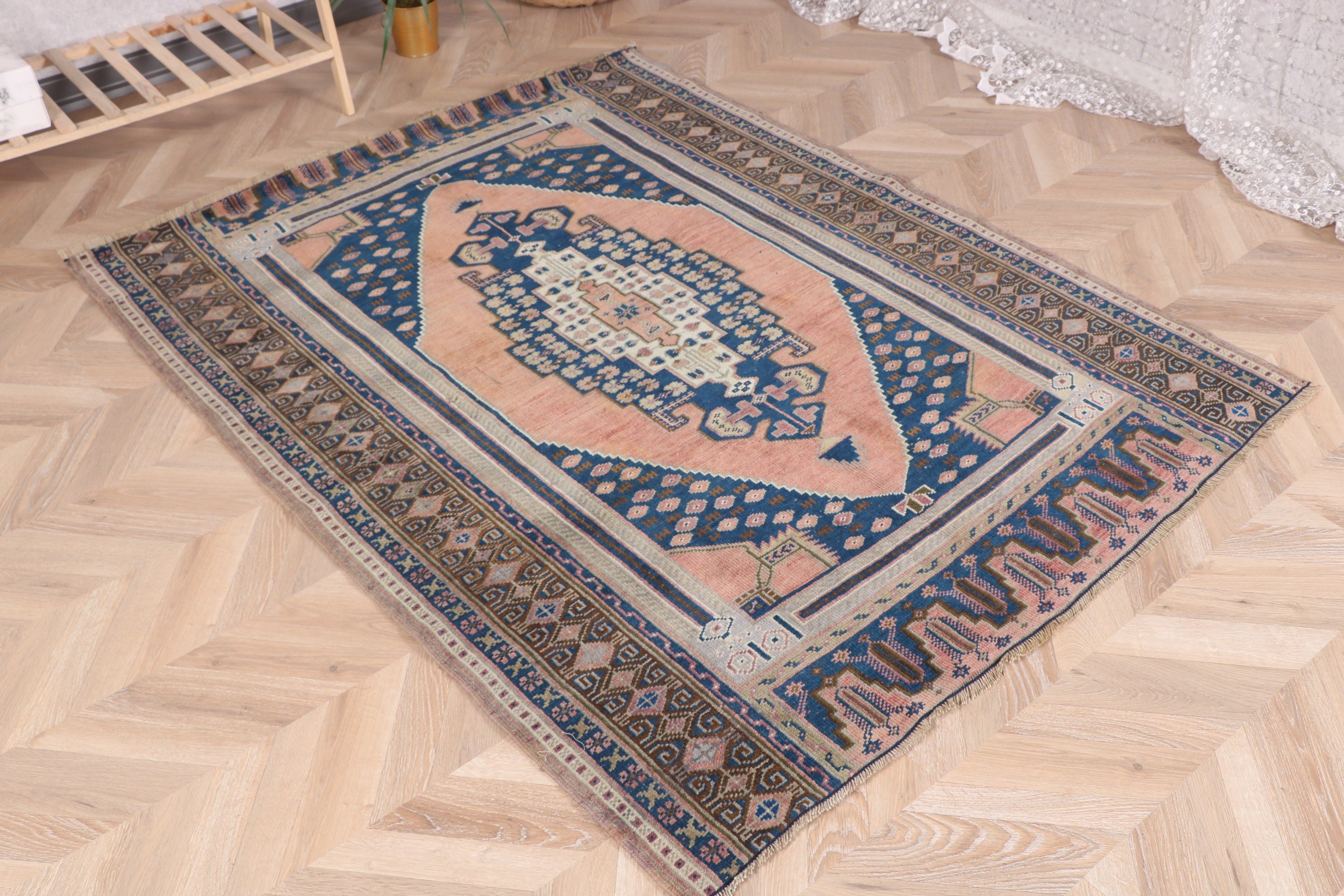 Türk Halısı, Vintage Halılar, 4.3x5.5 ft Aksan Halıları, Modern Halı, Geometrik Halılar, Kahverengi Modern Halı, Dekoratif Halı, Etnik Halı, Giriş Halısı